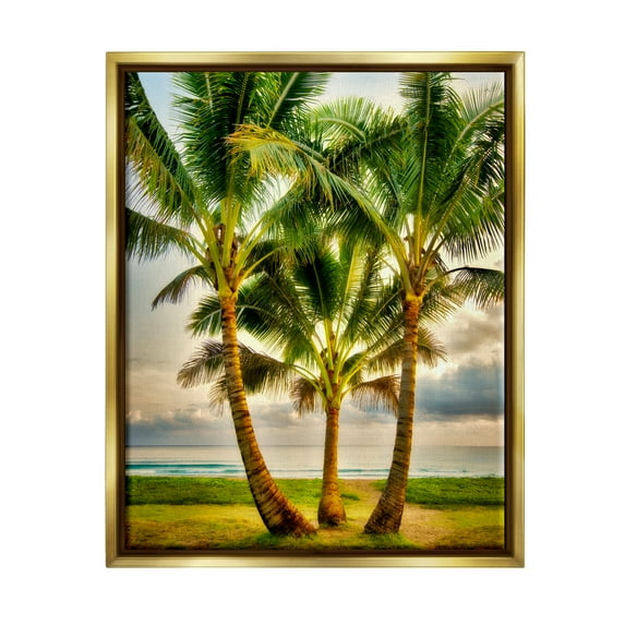 Stupell Industries Three Palm Trees on Beach Nature Painting Gold Floater Framed Art Print Wall Art, 17 x 21