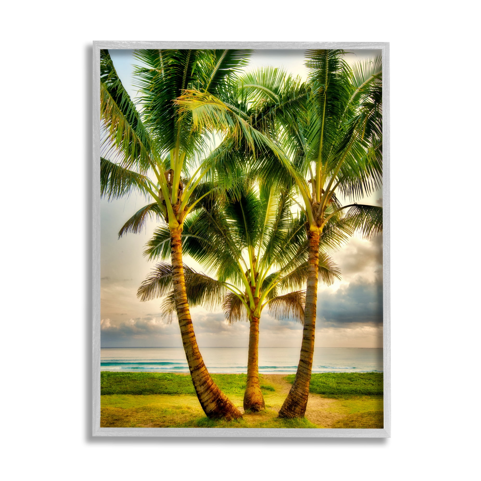 Stupell Industries Three Palm Trees on Beach Nature Painting Gray Framed Art Print Wall Art, 11 x 14