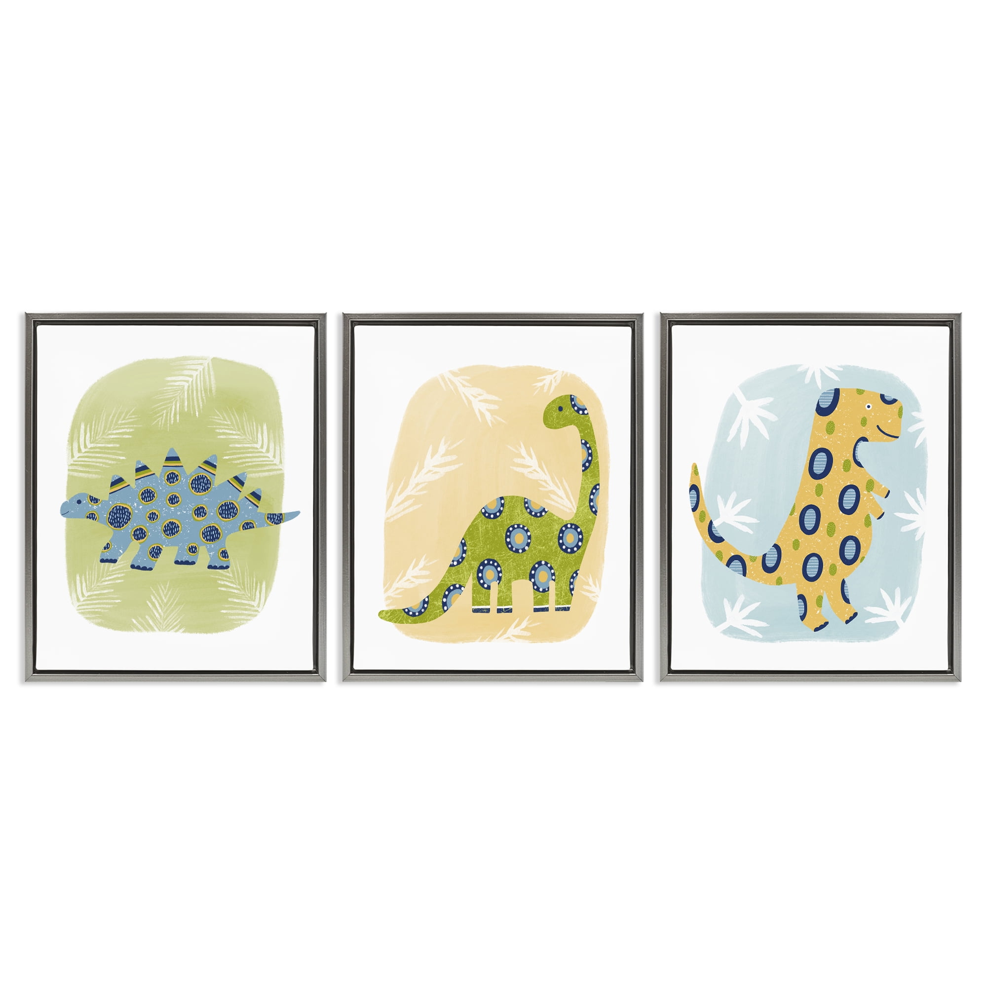 Stupell Industries Three Patterned Dinosaurs Animals Painting Gray Floater Framed Canvas Art Print Wall Art, 25 x 31, Set of 3