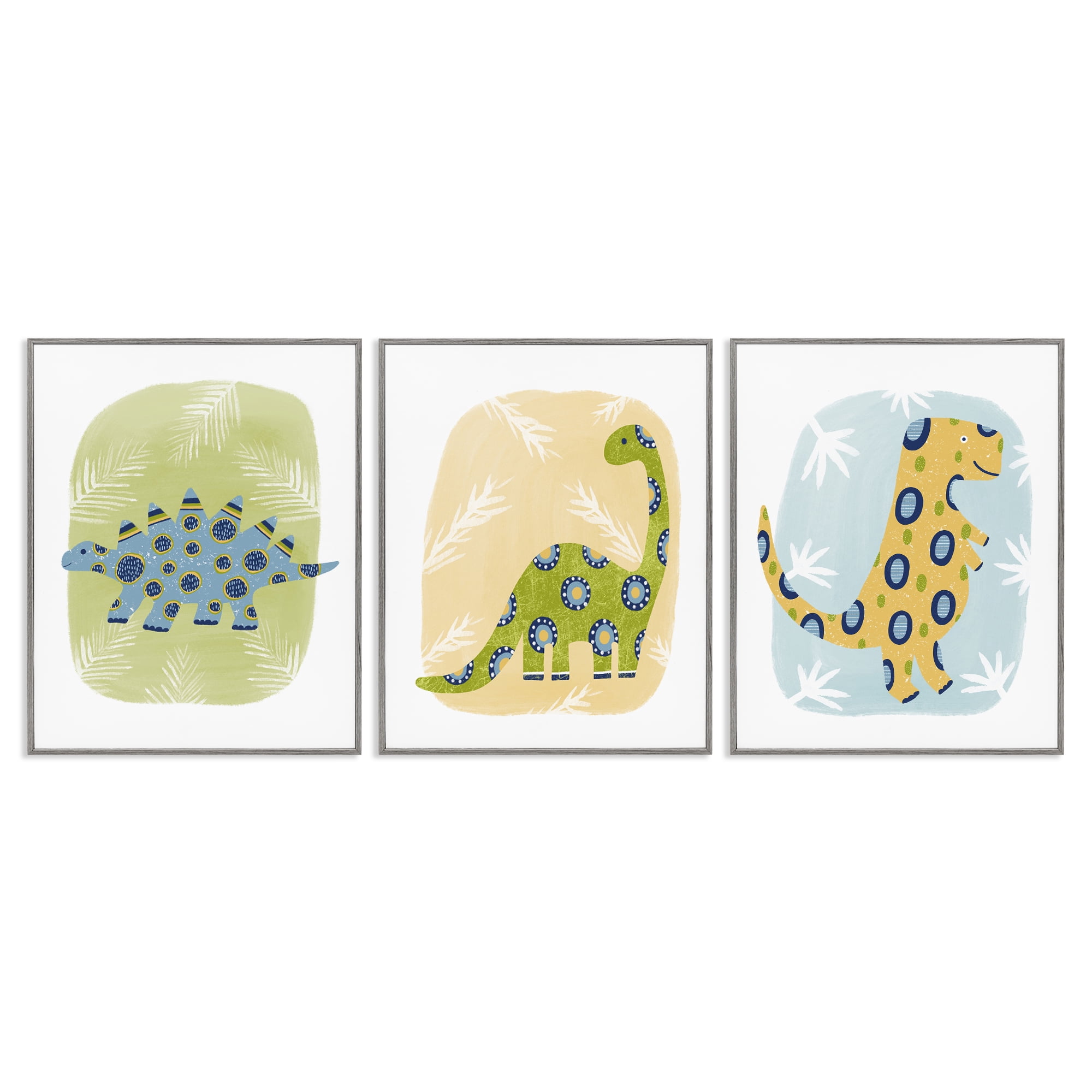 Stupell Industries Three Patterned Dinosaurs Animals Painting Gray Framed Art Print Wall Art, 11 x 14, Set of 3