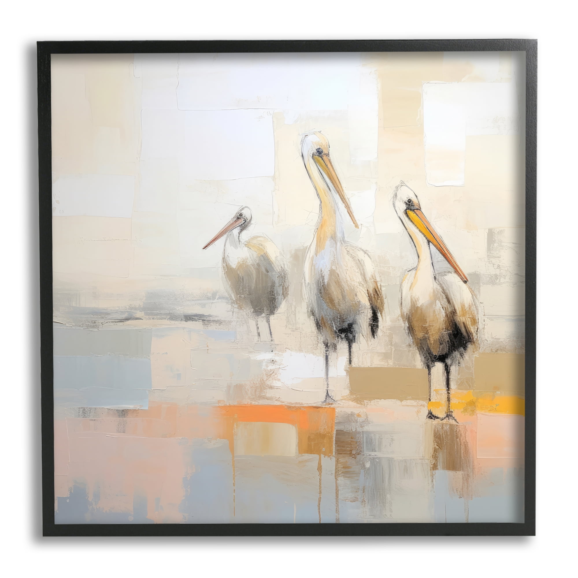 Stupell Industries Three Pelicans Abstract Animals & Insects Painting Black Framed Art Print Wall Art, 12 x 12