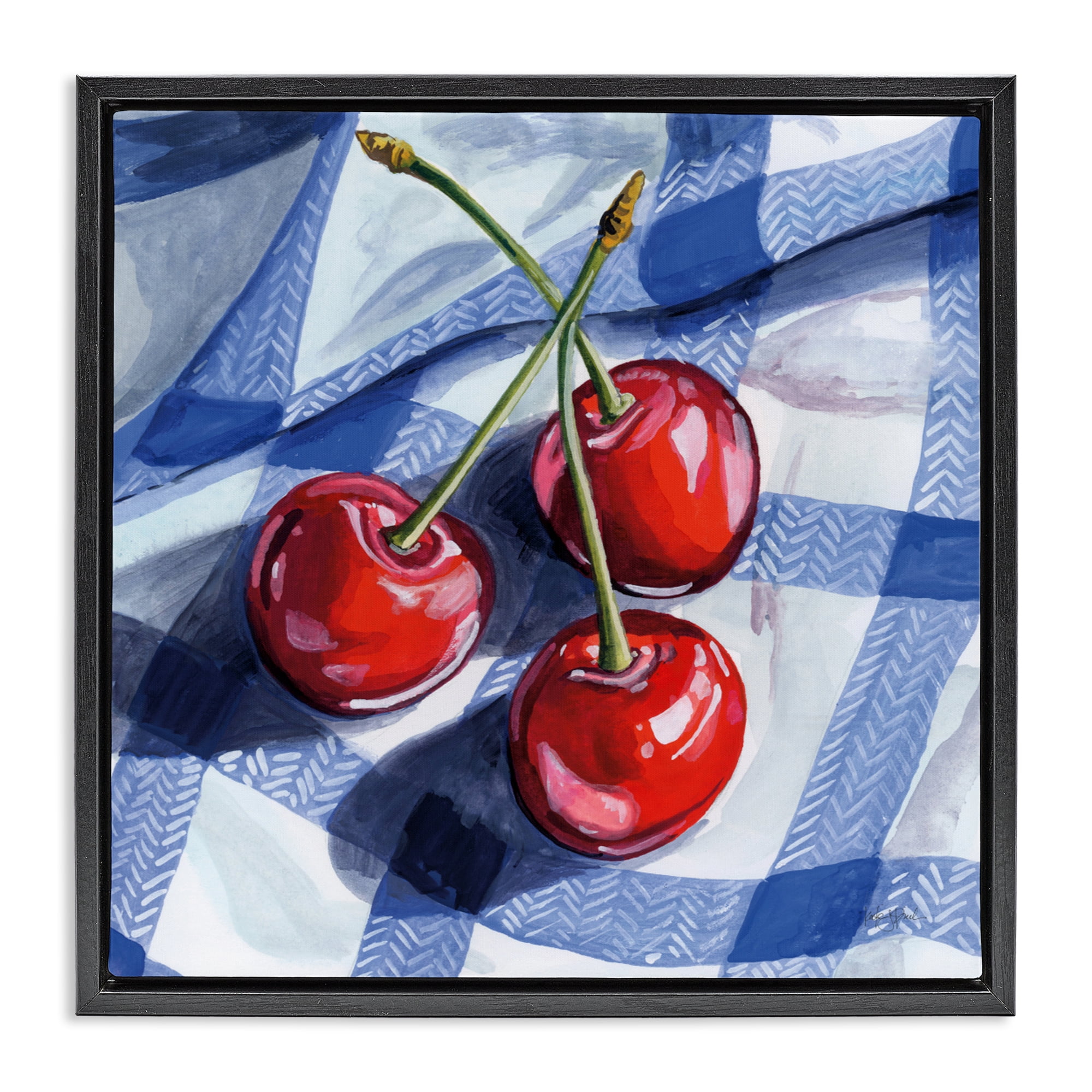 Stupell Industries Three Picnic Cherries on Gingham Black Framed Floater Canvas Wall Art, design by Kate Jarvik Birch