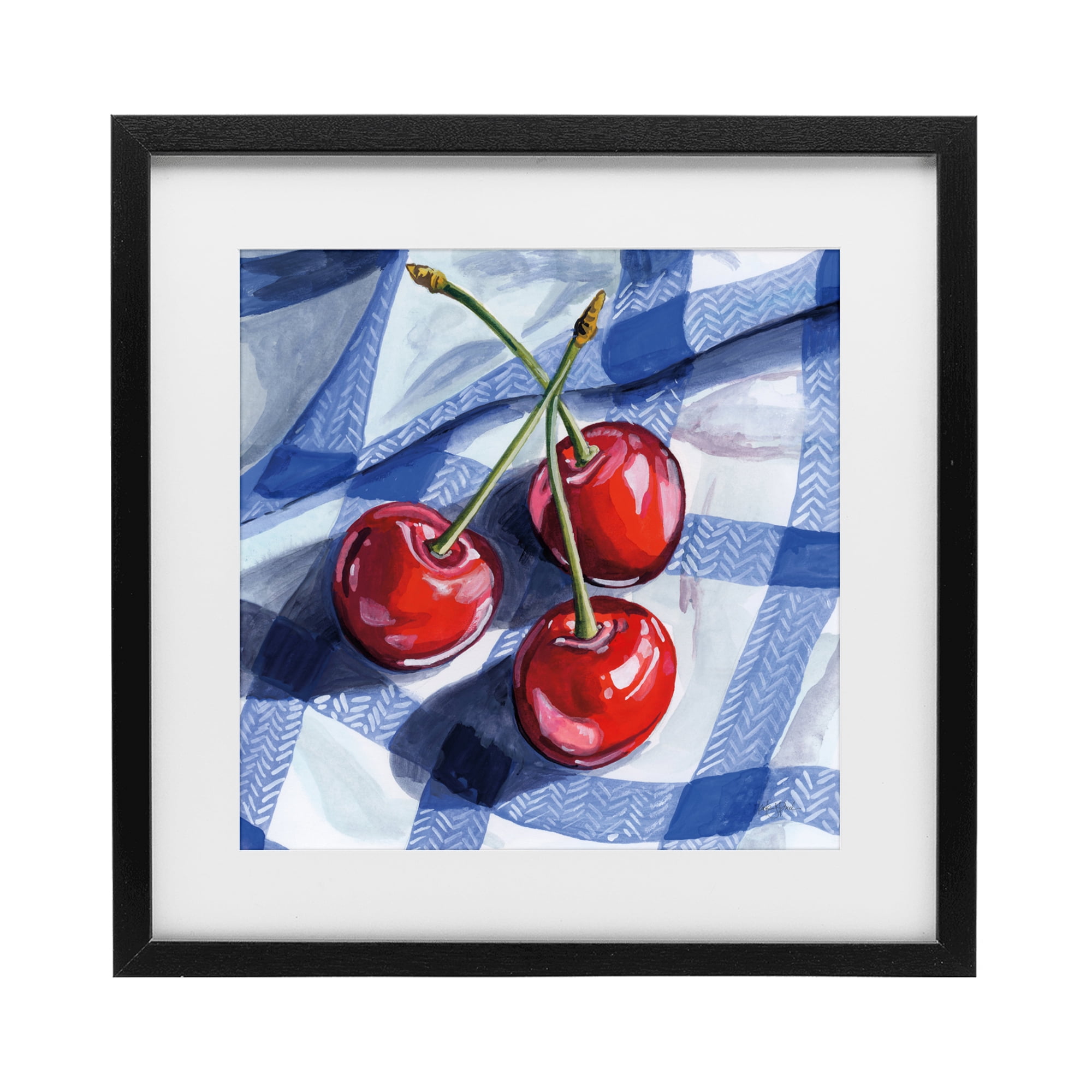 Stupell Industries Three Picnic Cherries on Gingham Black Framed Print Under Glass, design by Kate Jarvik Birch