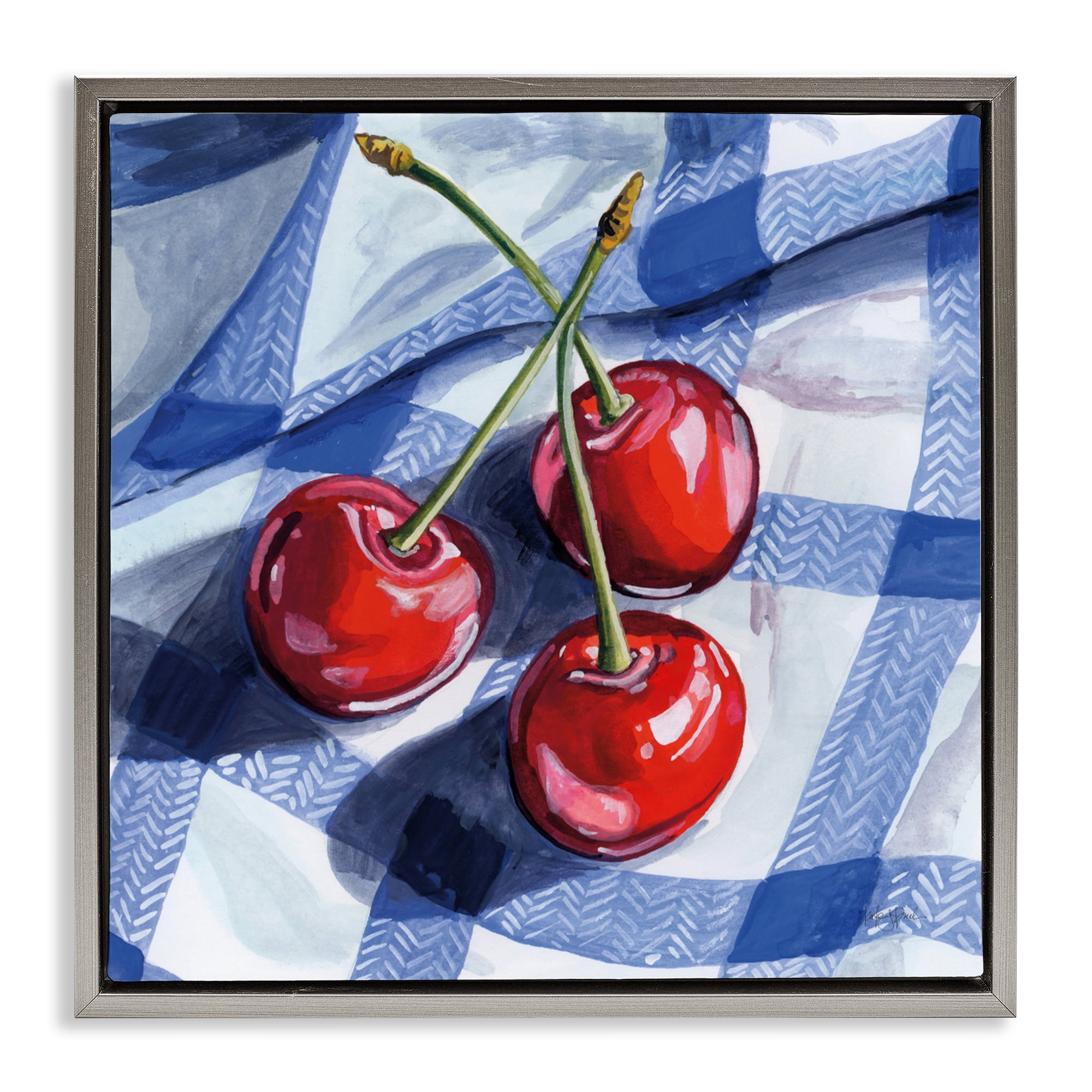 Stupell Industries Three Picnic Cherries on Gingham Gray Framed Floater Canvas Wall Art, design by Kate Jarvik Birch