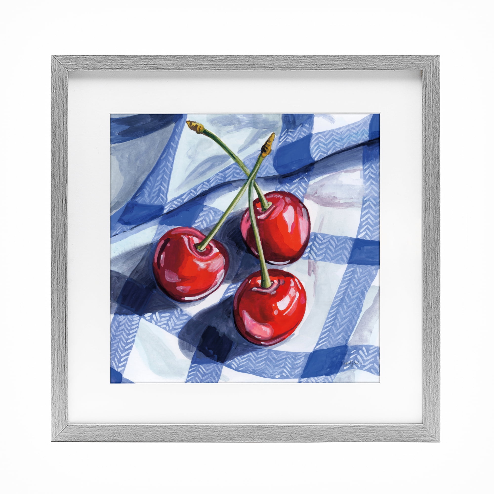 Stupell Industries Three Picnic Cherries on Gingham Gray Framed Print Under Glass, design by Kate Jarvik Birch