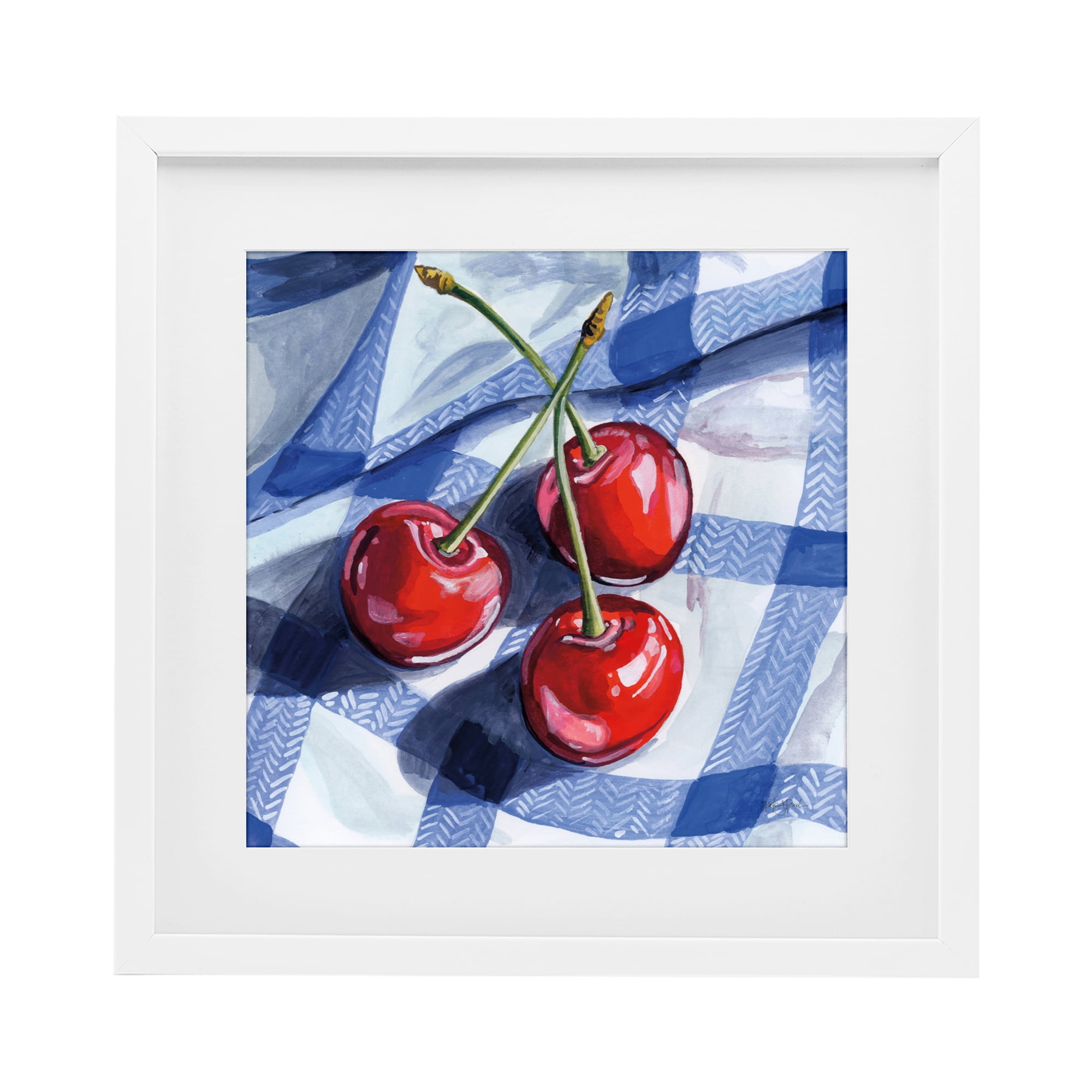 Stupell Industries Three Picnic Cherries on Gingham White Framed Print Under Glass, design by Kate Jarvik Birch