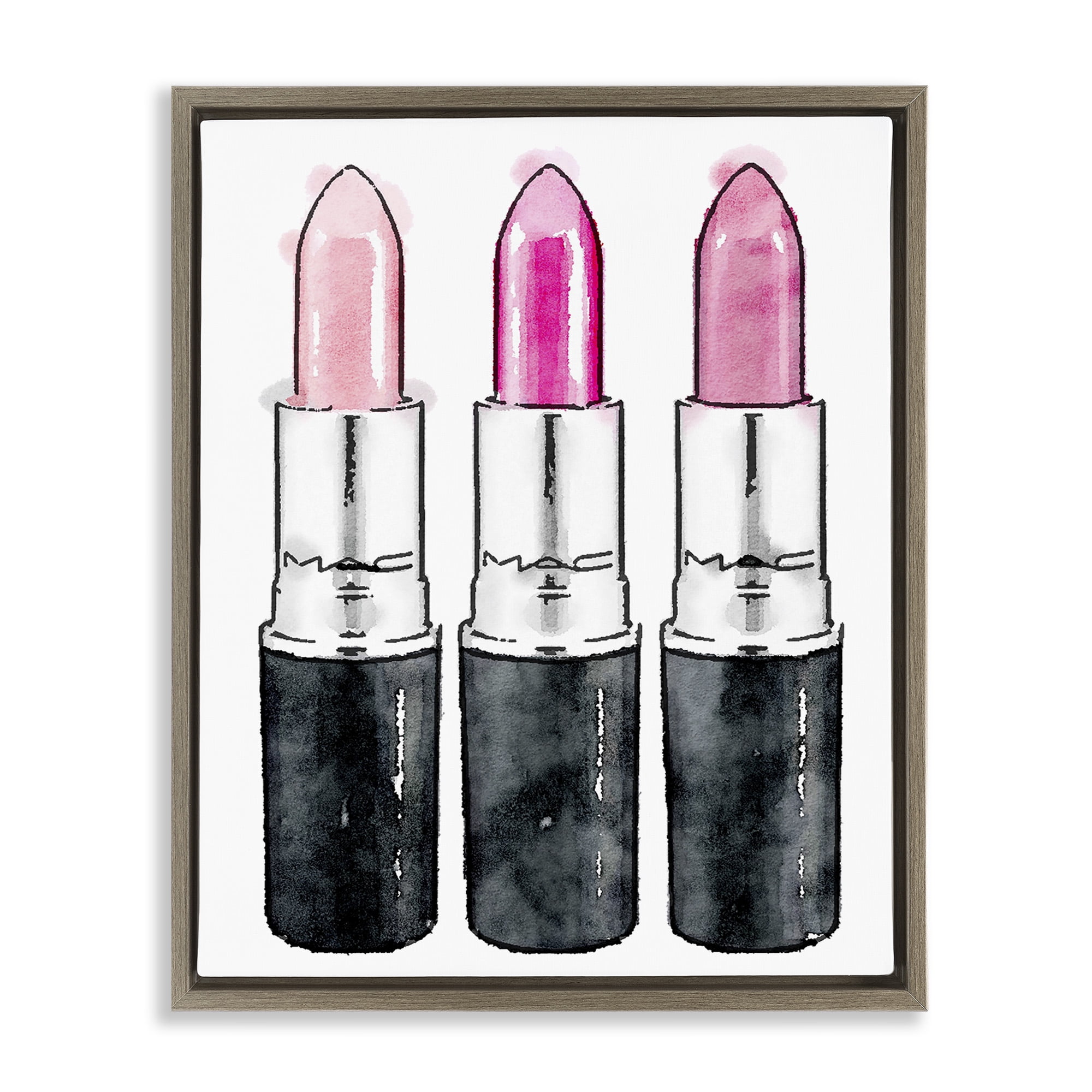 Stupell Industries Three Pink Lipsticks Beauty & Fashion Painting Brown Floater Framed Canvas Art Print Wall Art, 25 x 31