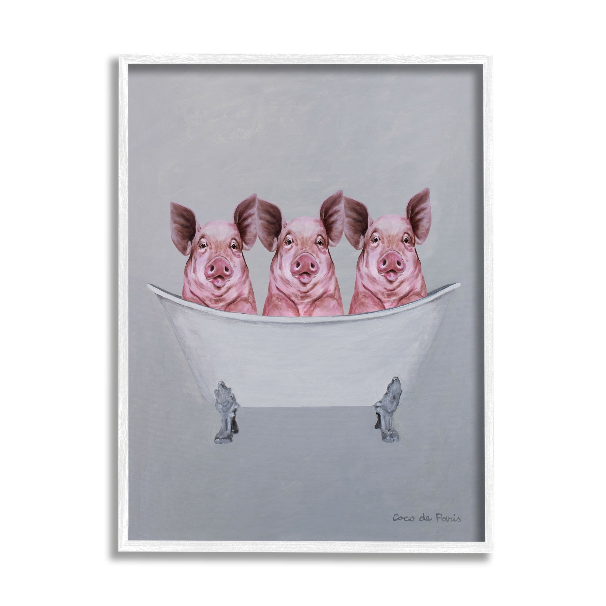 Stupell Industries Three Pink Pigs In Tub Adorable Bathroom Illustration Paintings White Framed Art Print Wall Art, 16x20, by Coco de Paris