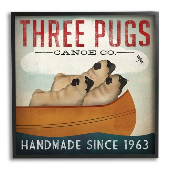 Stupell Industries Three Pugs Canoe Vintage Company Sign Graphic Art Black Framed Art Print Wall Art, Design by Ryan Fowler