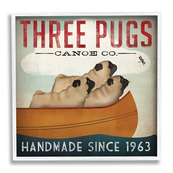 Stupell Industries Three Pugs Canoe Vintage Company Sign Graphic Art White Framed Art Print Wall Art, Design by Ryan Fowler