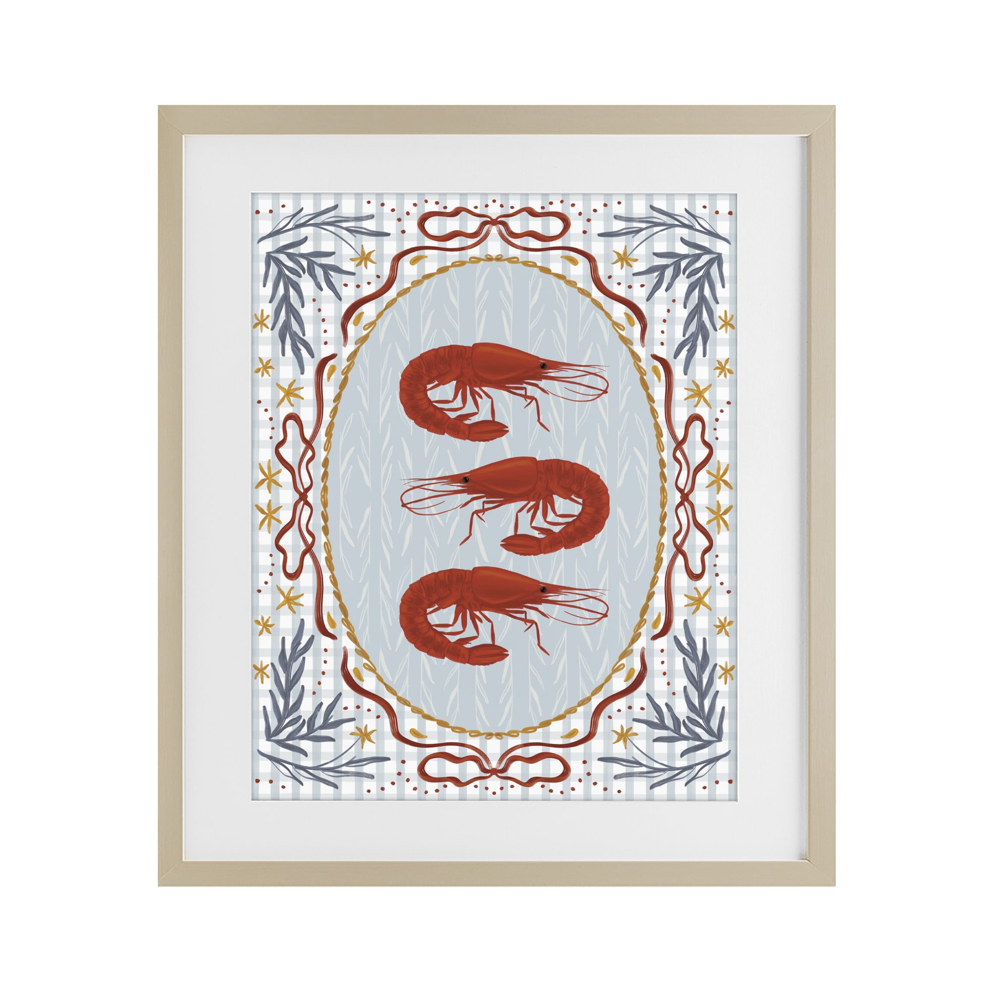 Stupell Industries Three Red Prawns on Gingham Birch Framed Print Under Glass, design by Vero Illustrates