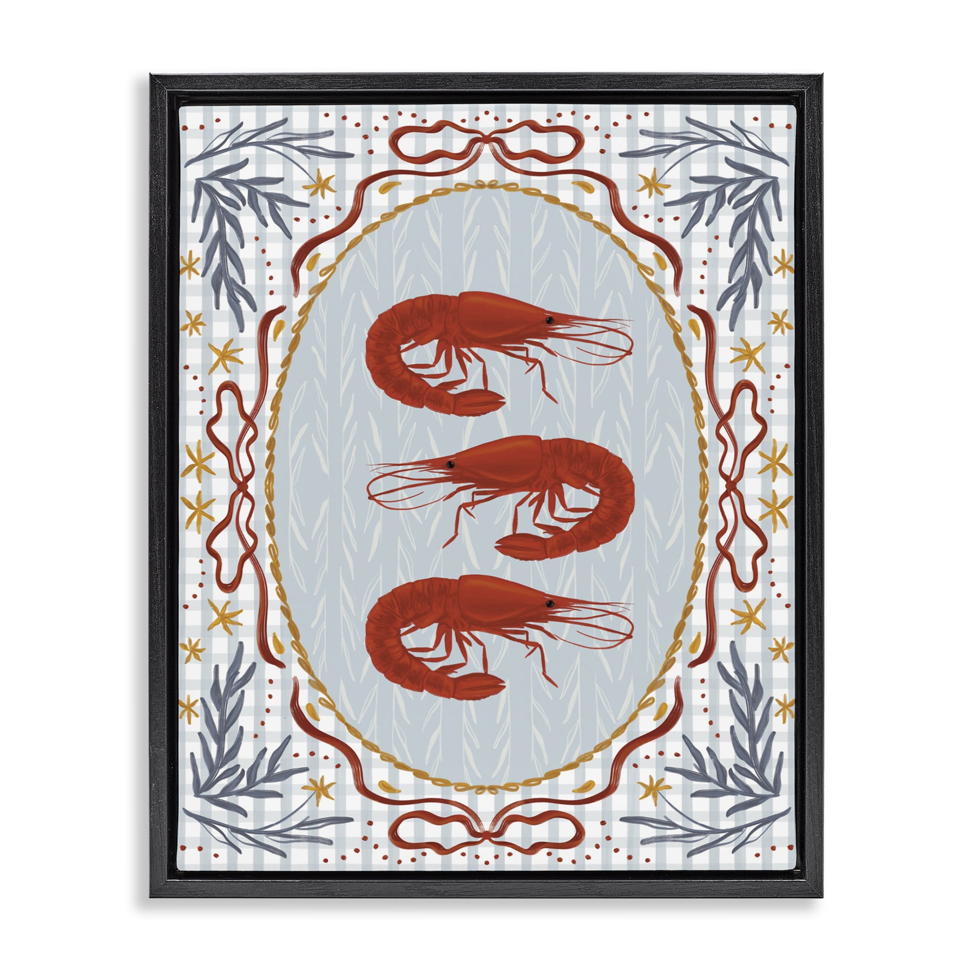 Stupell Industries Three Red Prawns on Gingham Black Framed Floater Canvas Wall Art, design by Vero Illustrates