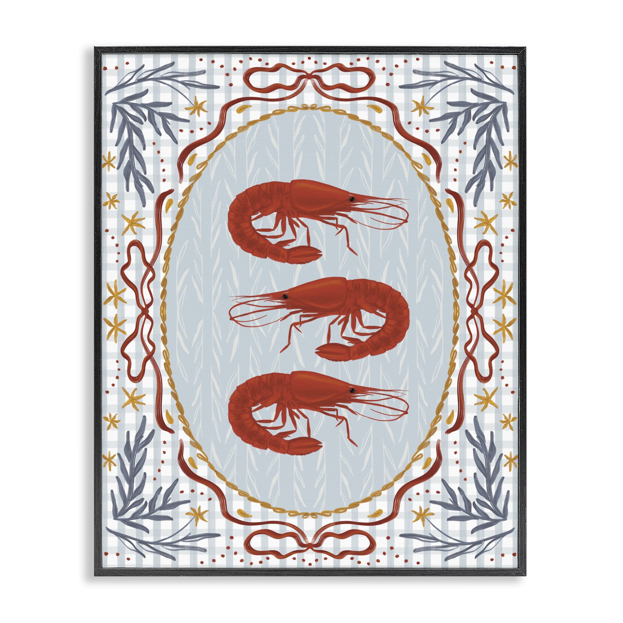 Stupell Industries Three Red Prawns on Gingham Black Framed Giclee Art, design by Vero Illustrates