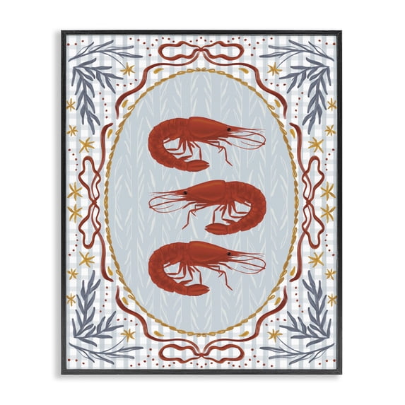 Stupell Industries Farmhouse Three Red Prawns on Gingham Black Framed Giclee Art, 16 x 20, by Vero Illustrates