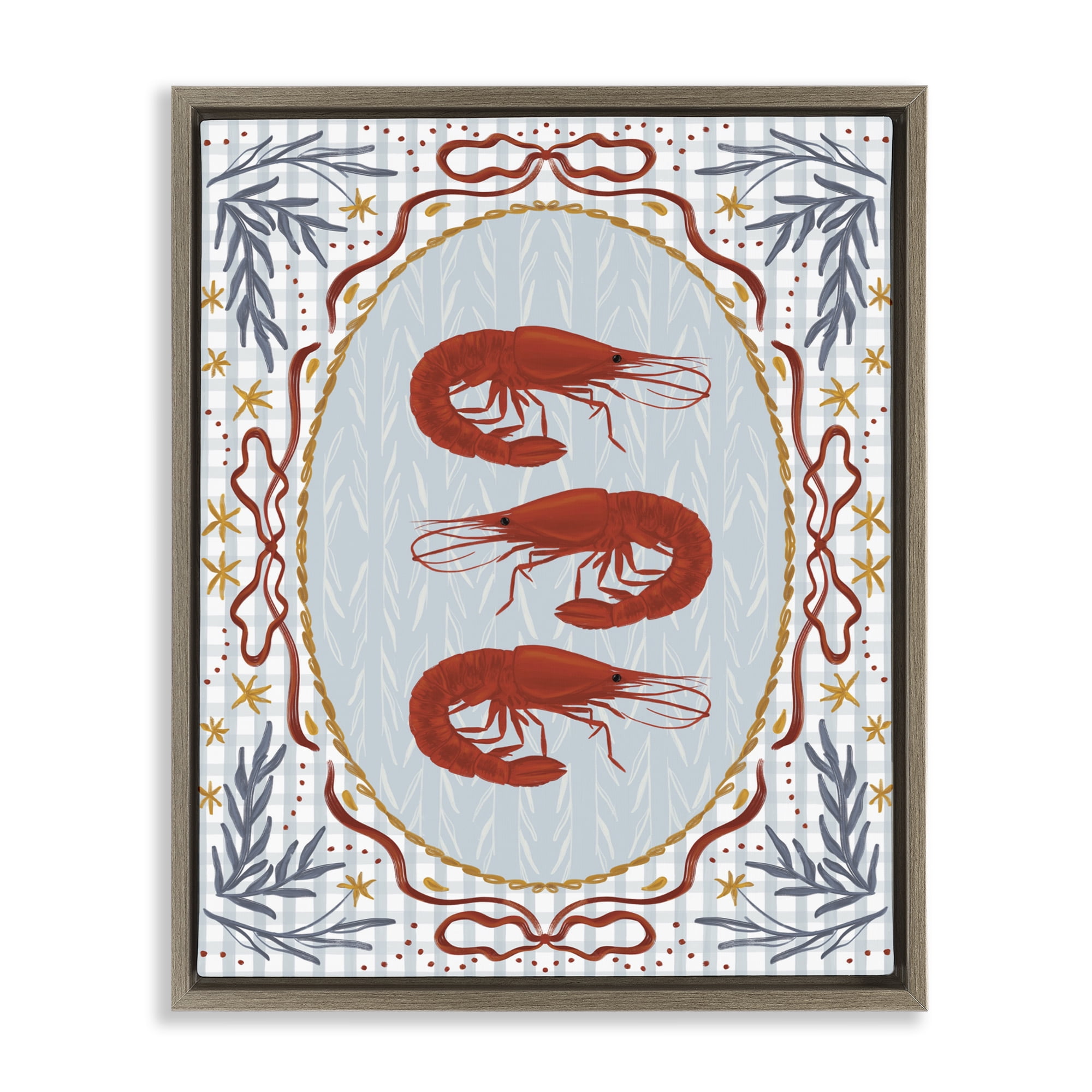Stupell Industries Three Red Prawns on Gingham Brown Framed Floater Canvas Wall Art, design by Vero Illustrates
