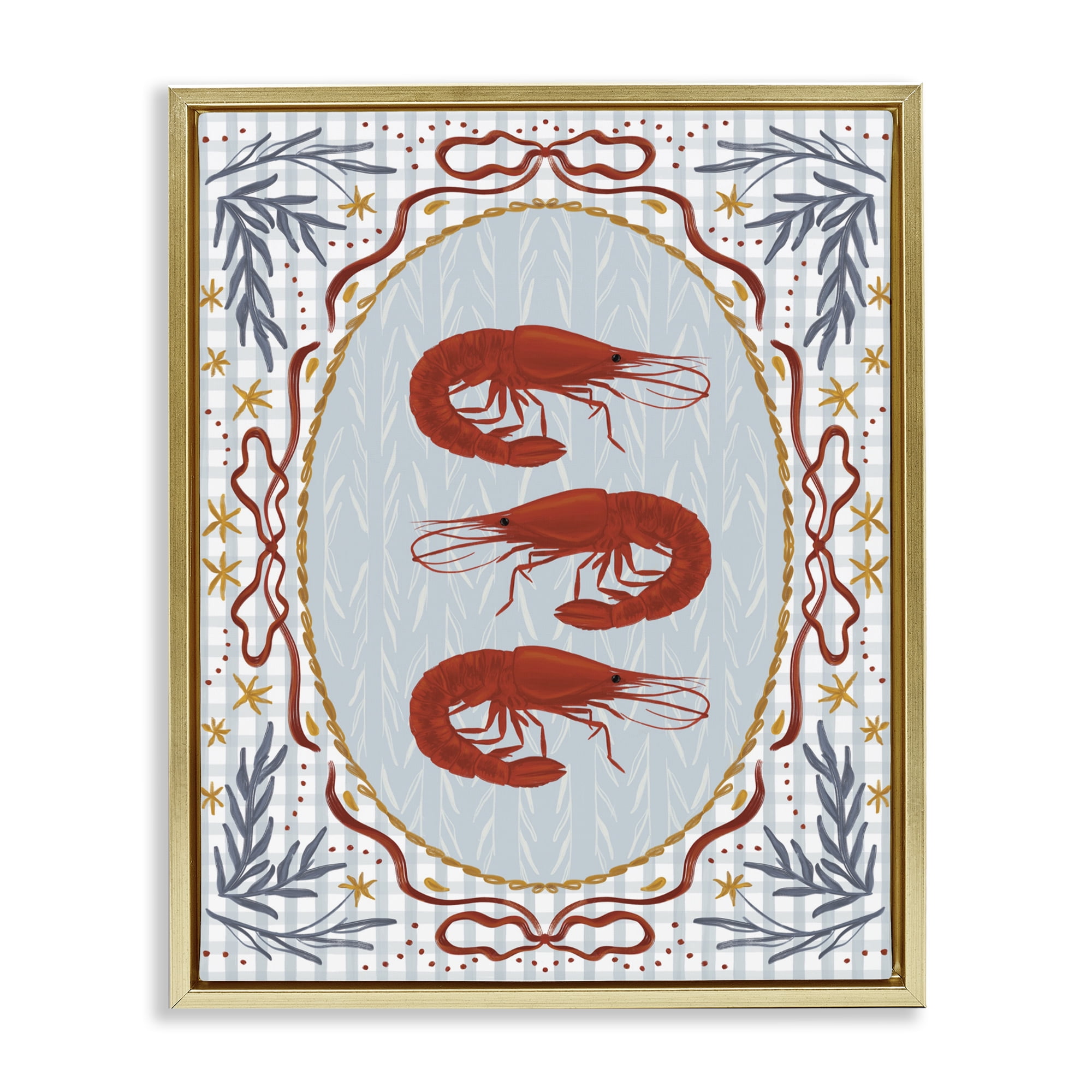 Stupell Industries Three Red Prawns on Gingham Gold Framed Floater Canvas Wall Art, design by Vero Illustrates