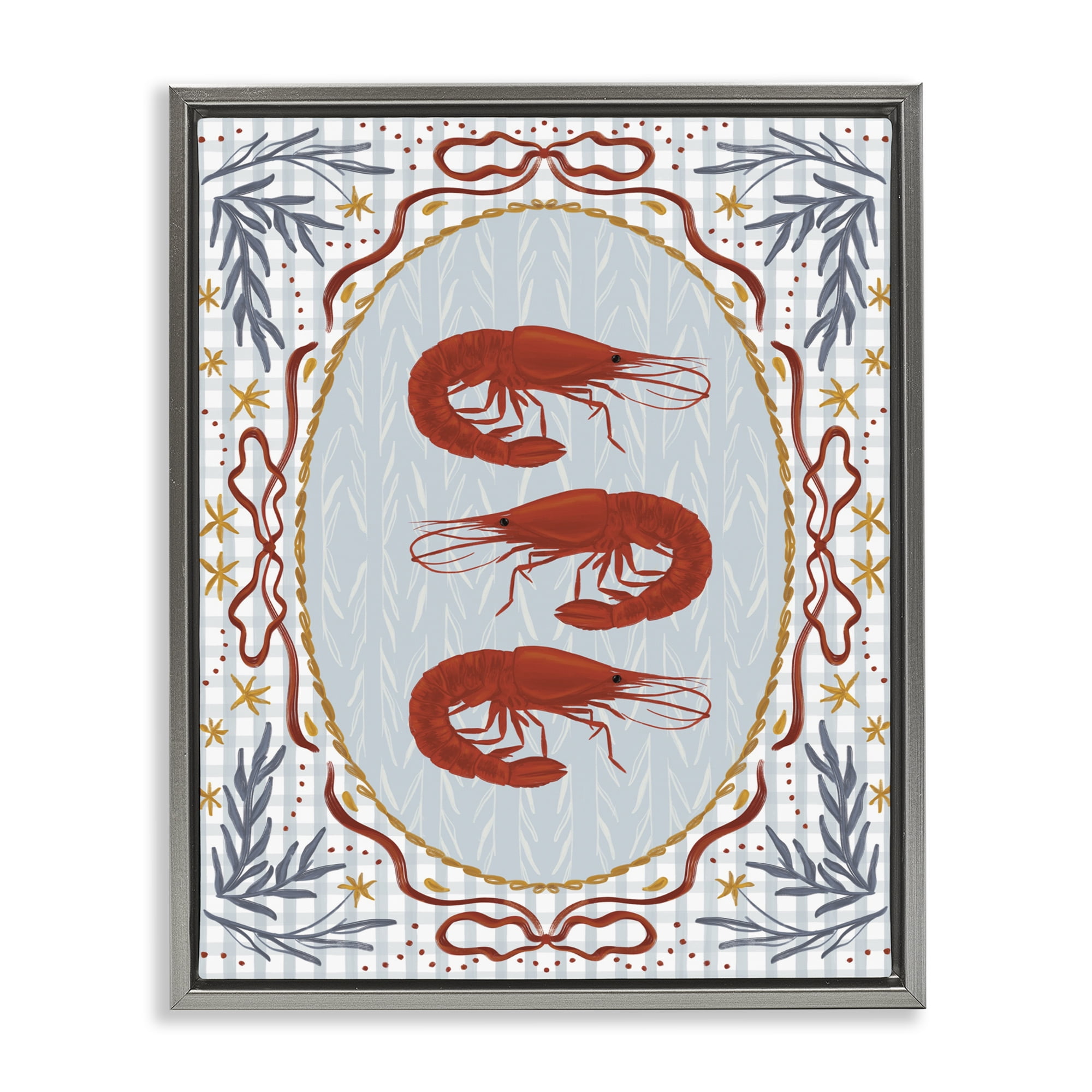 Stupell Industries Three Red Prawns on Gingham Gray Framed Floater Canvas Wall Art, design by Vero Illustrates