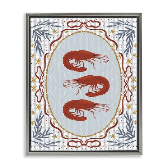 Stupell Industries Farmhouse Three Red Prawns on Gingham Gray Floating Frame Canvas Art, 25 x 31, by Vero Illustrates
