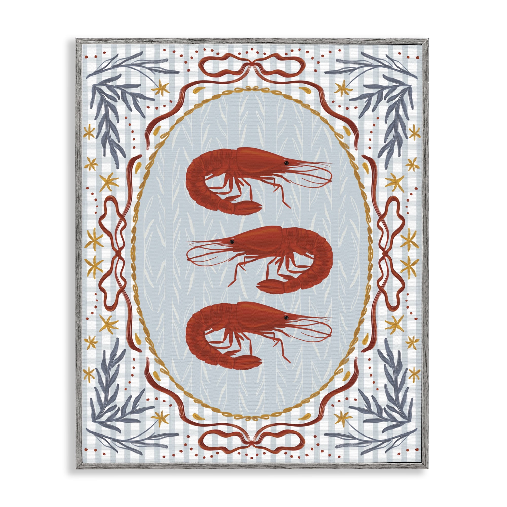 Stupell Industries Three Red Prawns on Gingham Gray Framed Giclee Art, design by Vero Illustrates