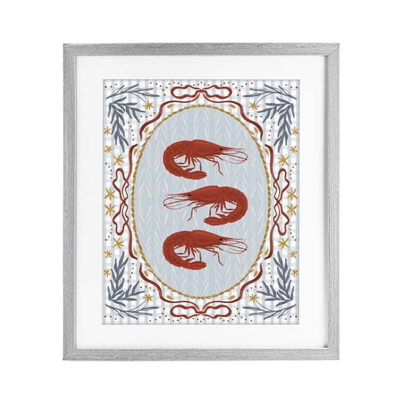 Stupell Industries Farmhouse Three Red Prawns on Gingham Gray Framed Print Under Glass, 13 x 16, by Vero Illustrates