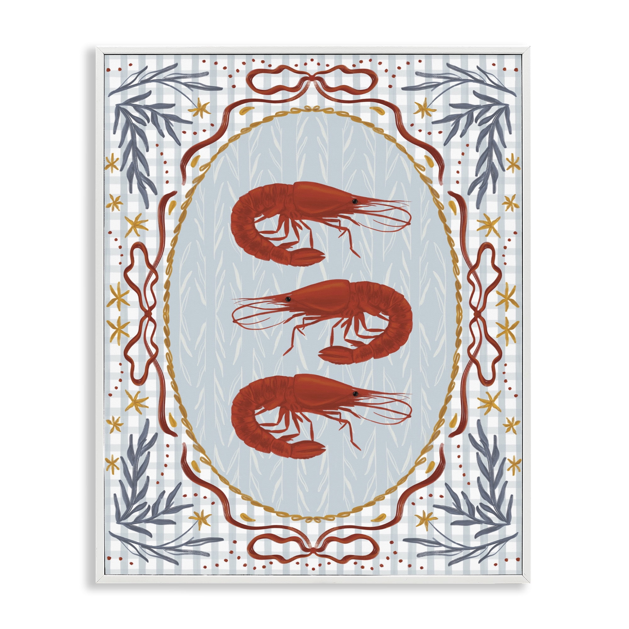 Stupell Industries Three Red Prawns on Gingham White Framed Giclee Art, design by Vero Illustrates