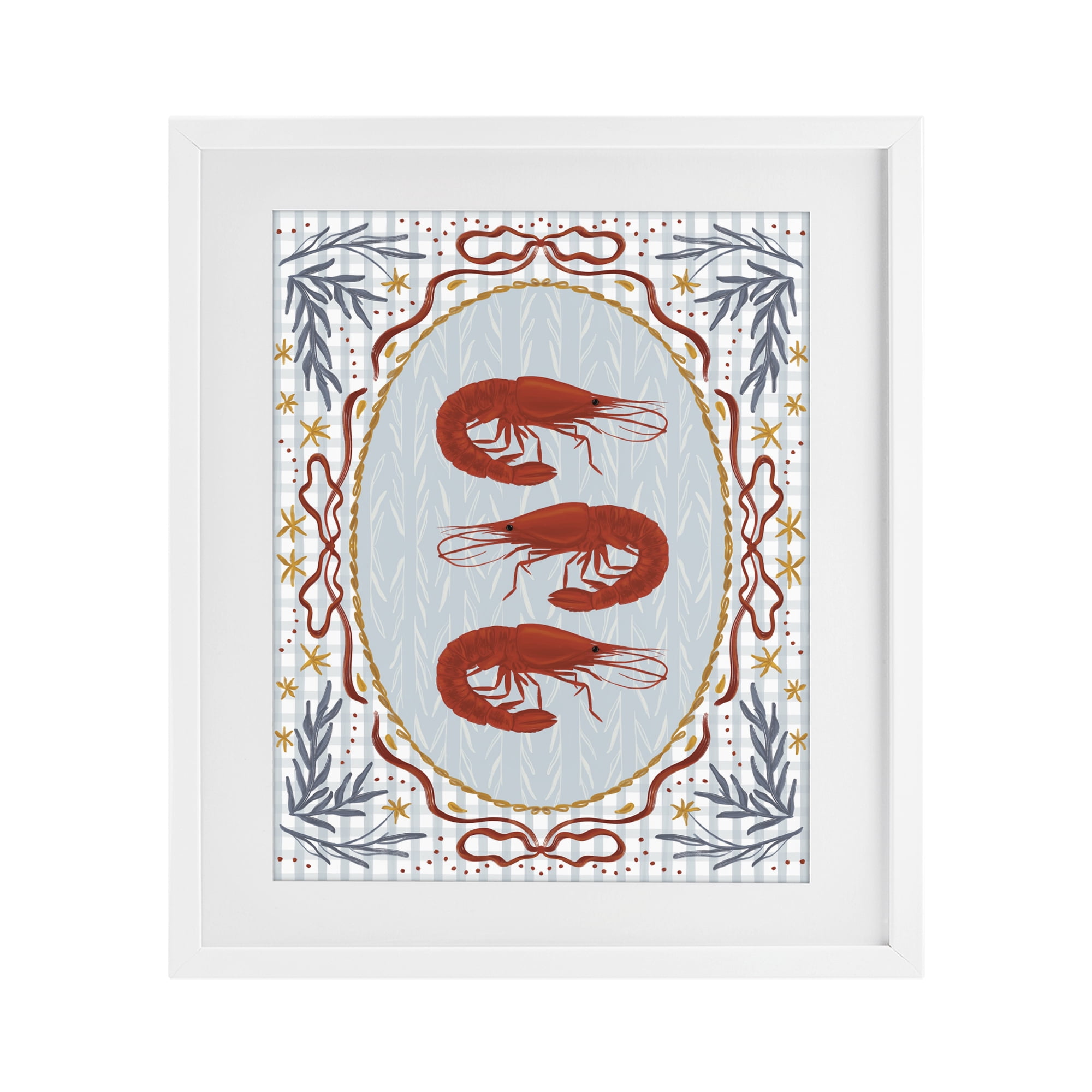 Stupell Industries Three Red Prawns on Gingham White Framed Print Under Glass, design by Vero Illustrates