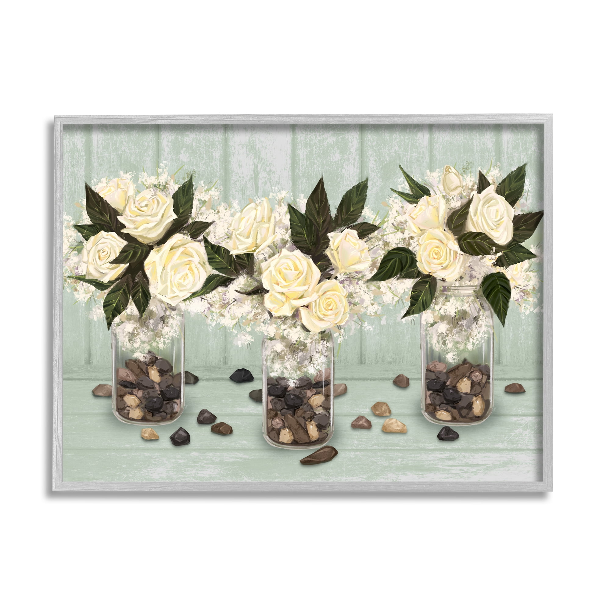 Stupell Industries Three Rose Bouquets Scattered Rocks Flower Arrangement Graphic Art Gray Framed Art Print Wall Art, Design by Ziwei Li