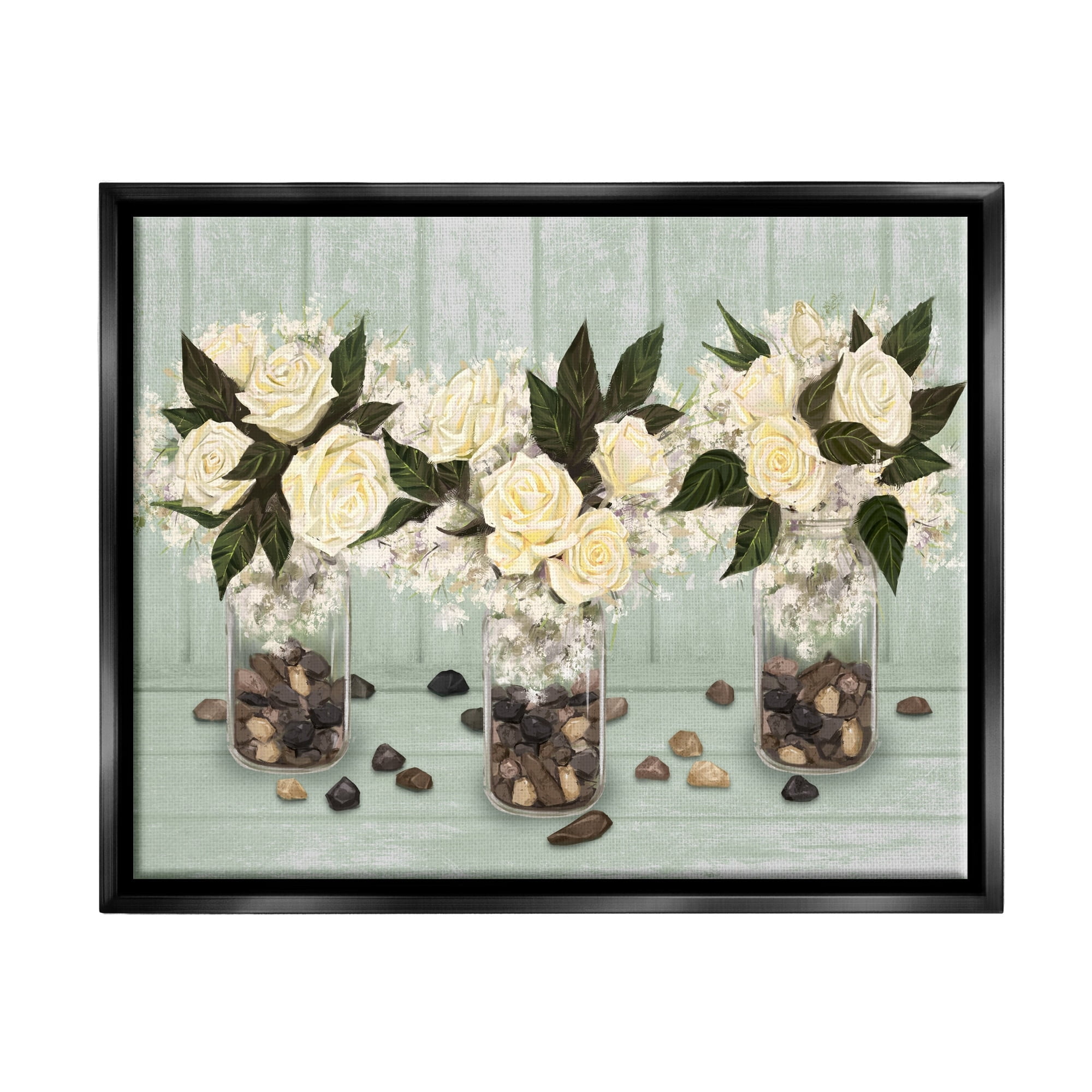 Stupell Industries Three Rose Bouquets Scattered Rocks Flower Arrangement Graphic Art Jet Black Floating Framed Canvas Print Wall Art, Design by Ziwei Li