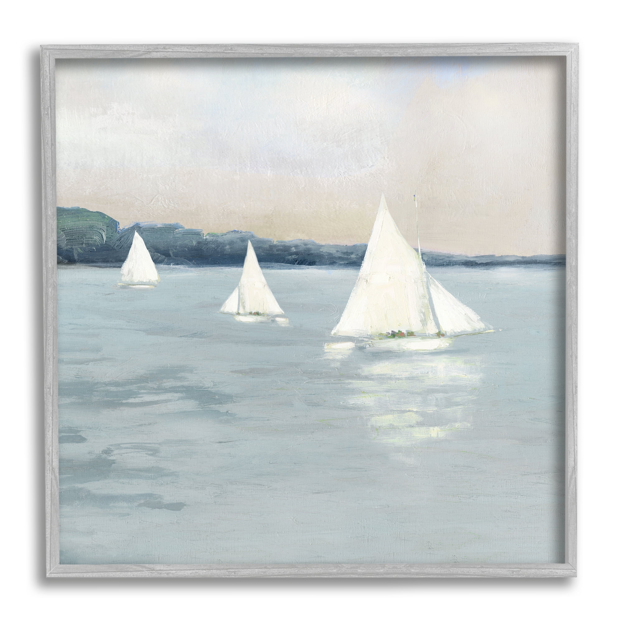 Stupell Industries Three Sailboats Nautical Seascape Coastal Painting Gray Framed Art Print Wall Art