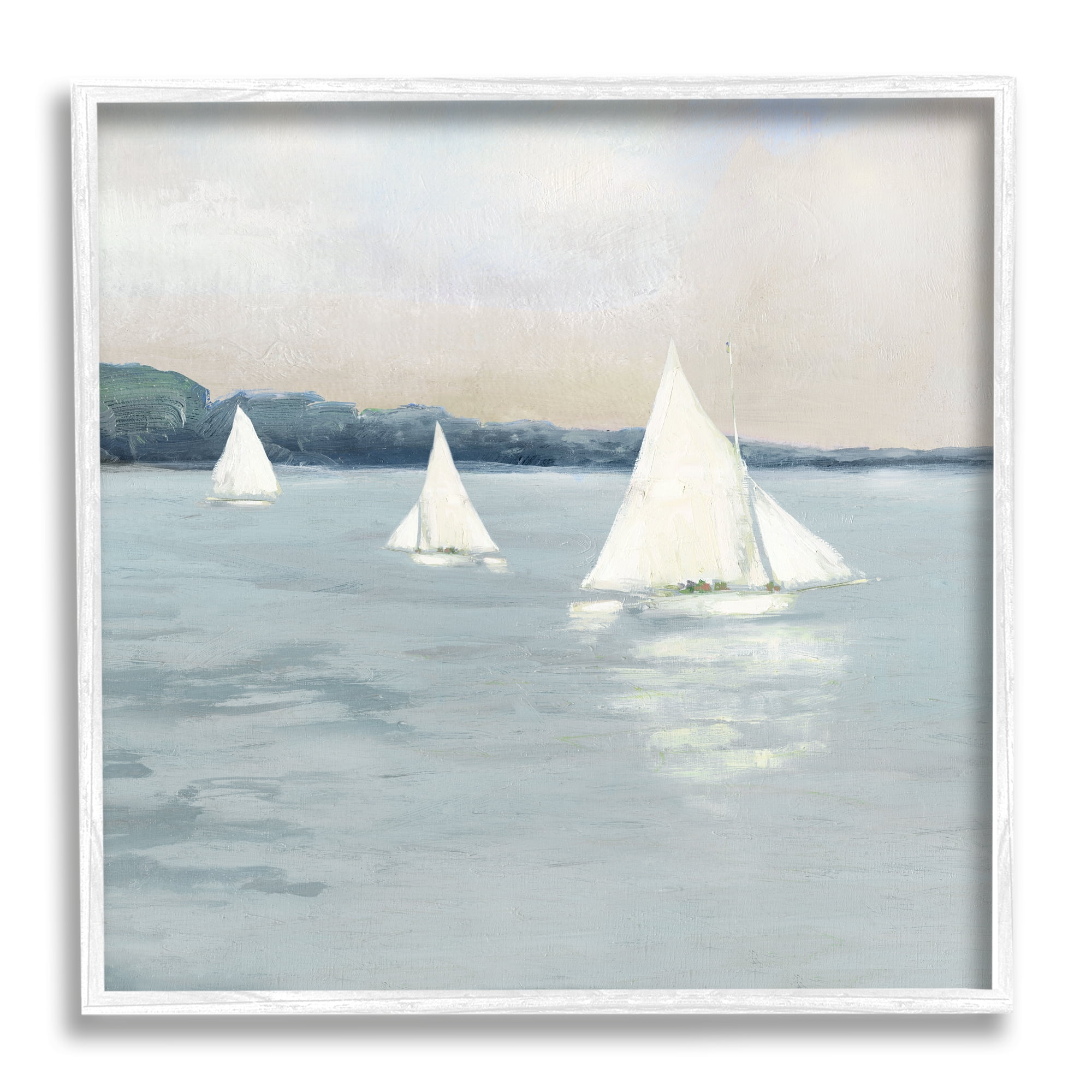Stupell Industries Three Sailboats Nautical Seascape Coastal Painting White Framed Art Print Wall Art
