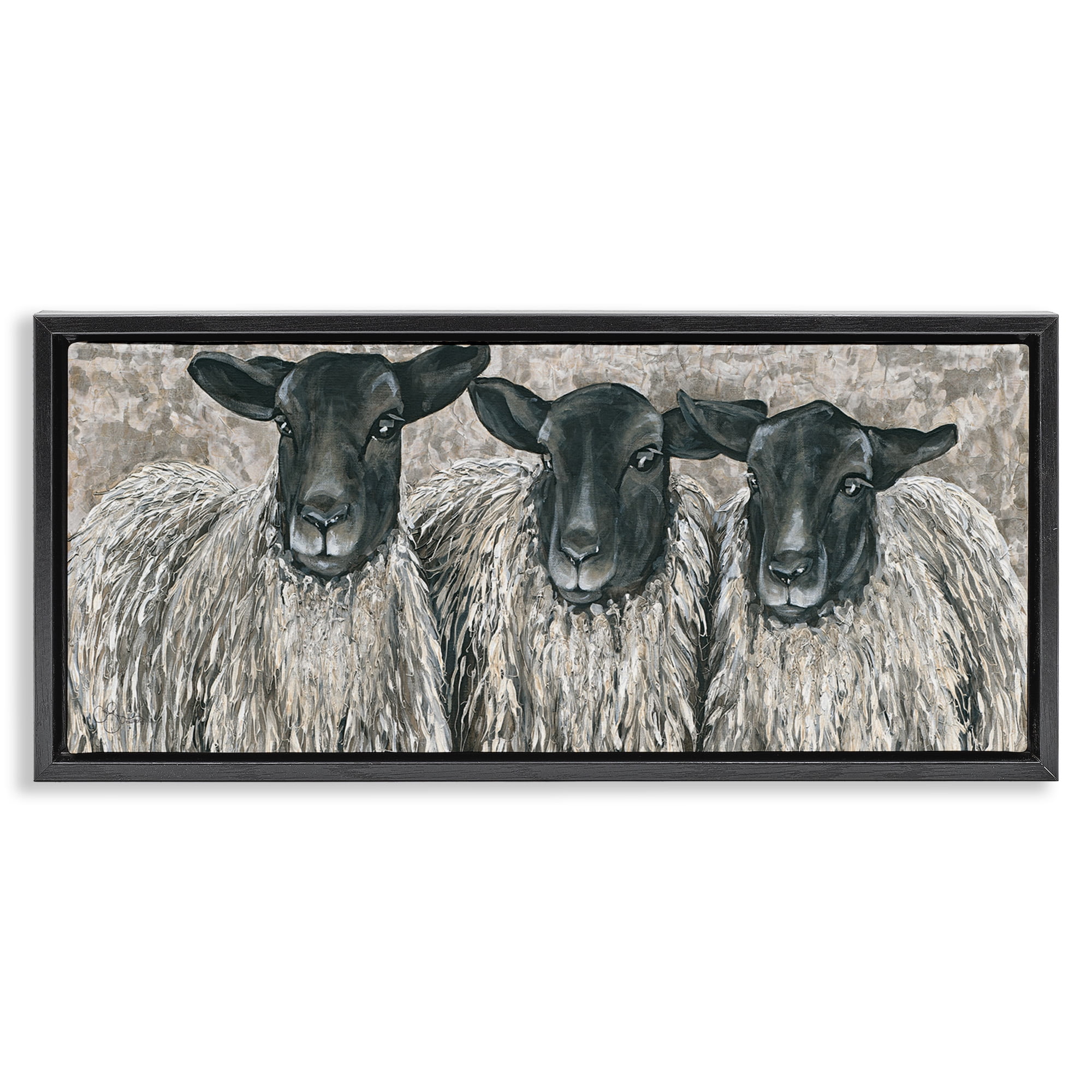 Stupell Industries Three Sheep Trio Portrait Animals & Insects Painting Black Floater Framed Canvas Art Print Wall Art, 31 x 14