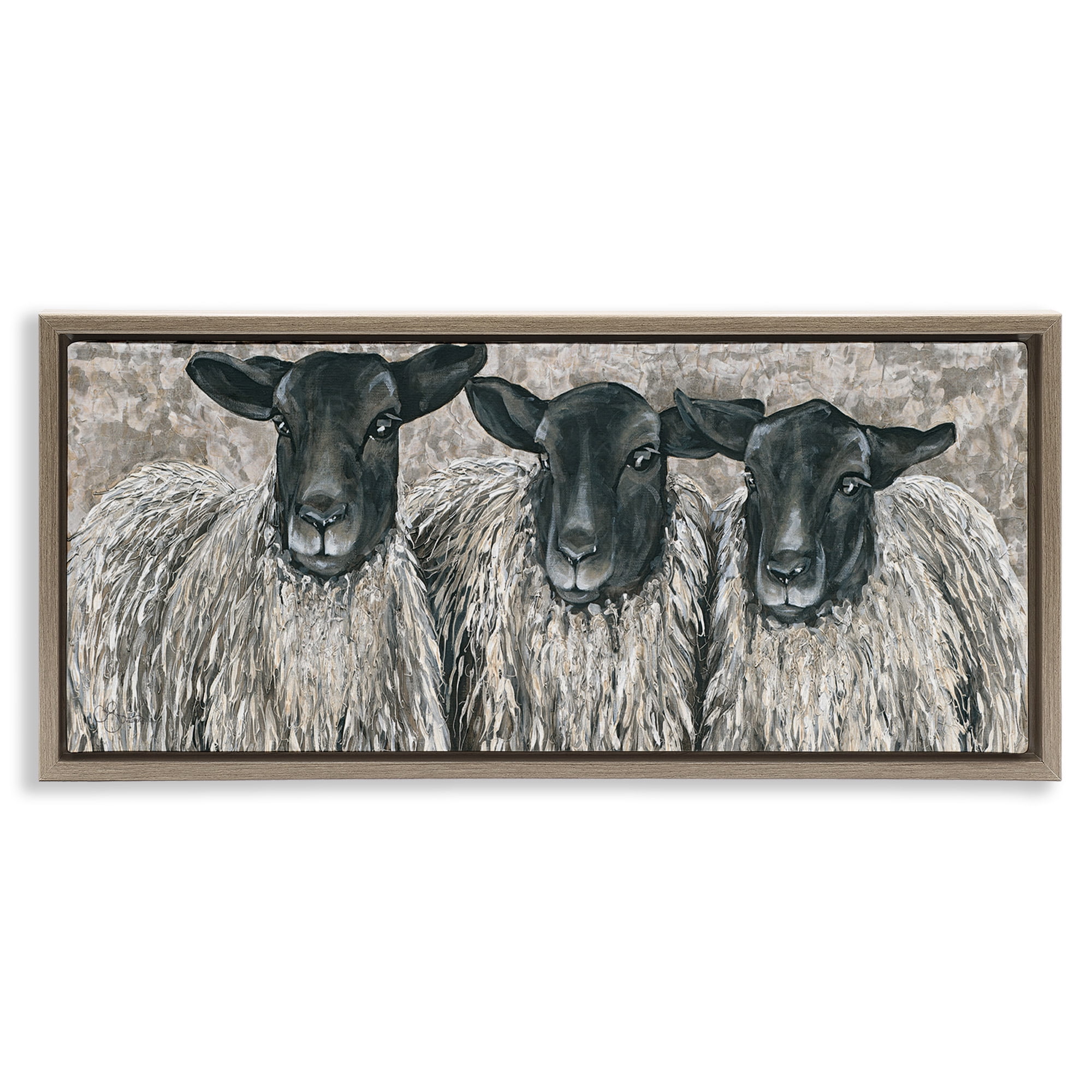 Stupell Industries Three Sheep Trio Portrait Animals & Insects Painting Brown Floater Framed Canvas Art Print Wall Art, 25 x 11