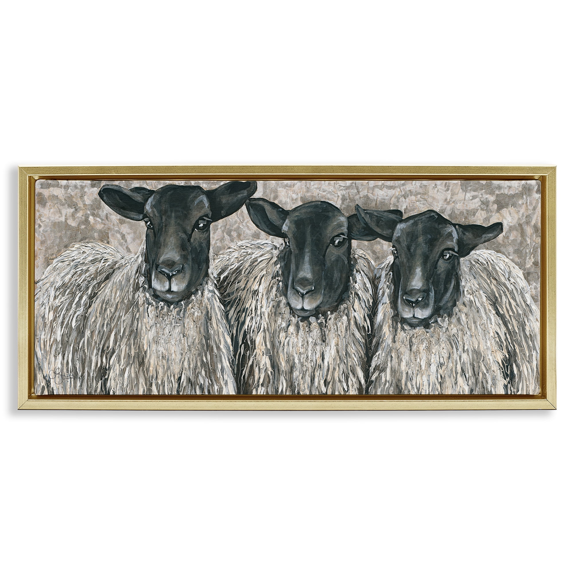 Stupell Industries Three Sheep Trio Portrait Animals & Insects Painting Gold Floater Framed Canvas Art Print Wall Art, 25 x 11