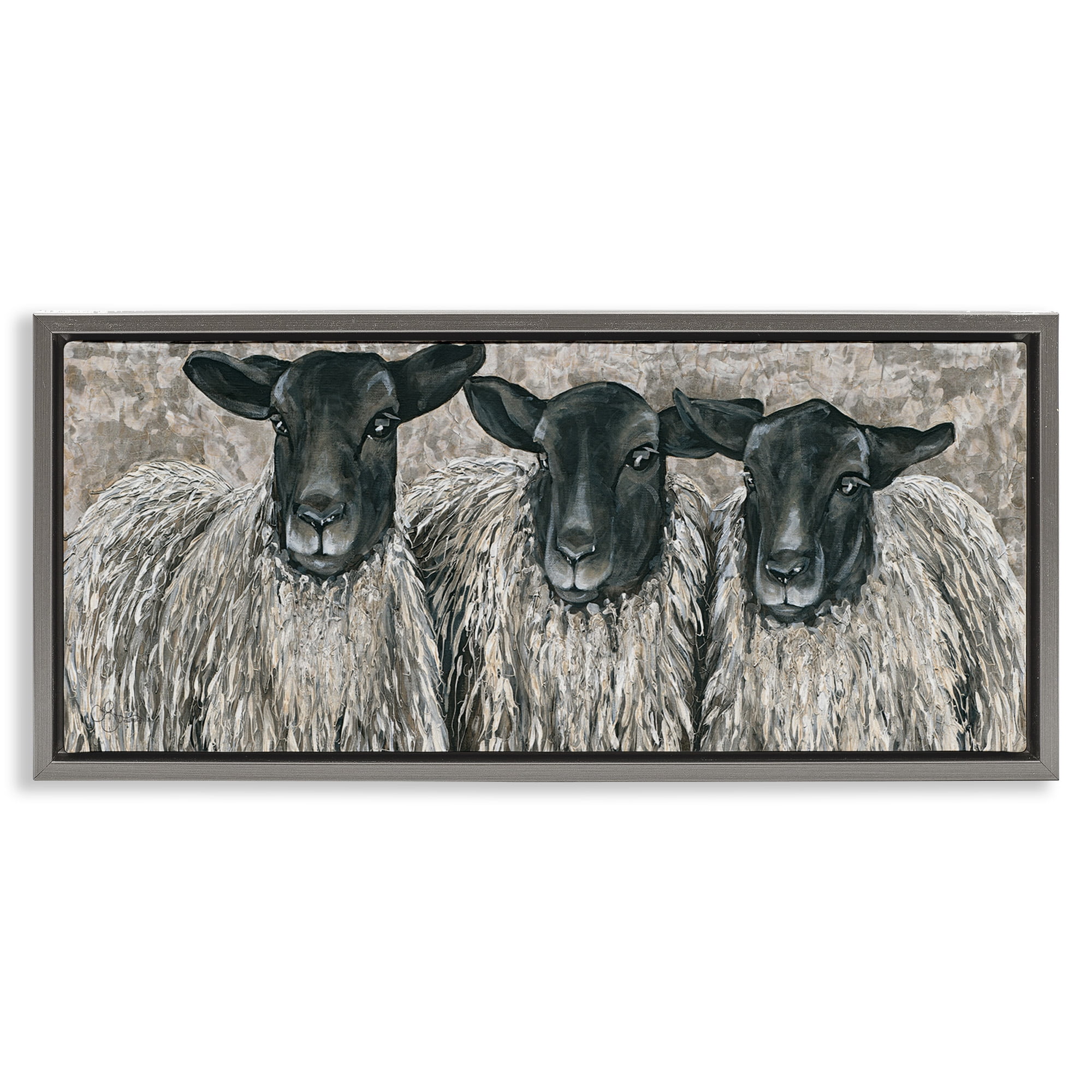 Stupell Industries Three Sheep Trio Portrait Animals & Insects Painting Gray Floater Framed Canvas Art Print Wall Art, 25 x 11