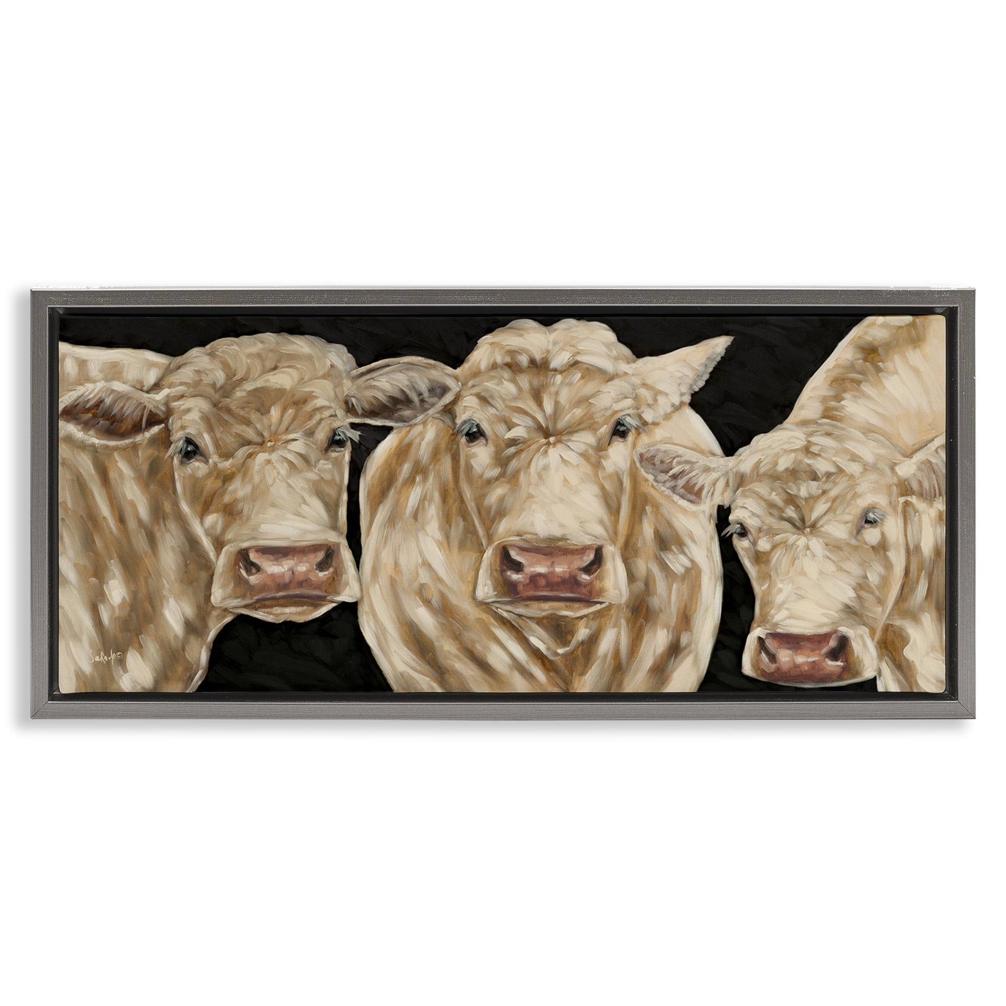 Stupell Industries Three Sheep on Black Animals Painting Gray Floater Framed Canvas Art Print Wall Art, 25 x 11