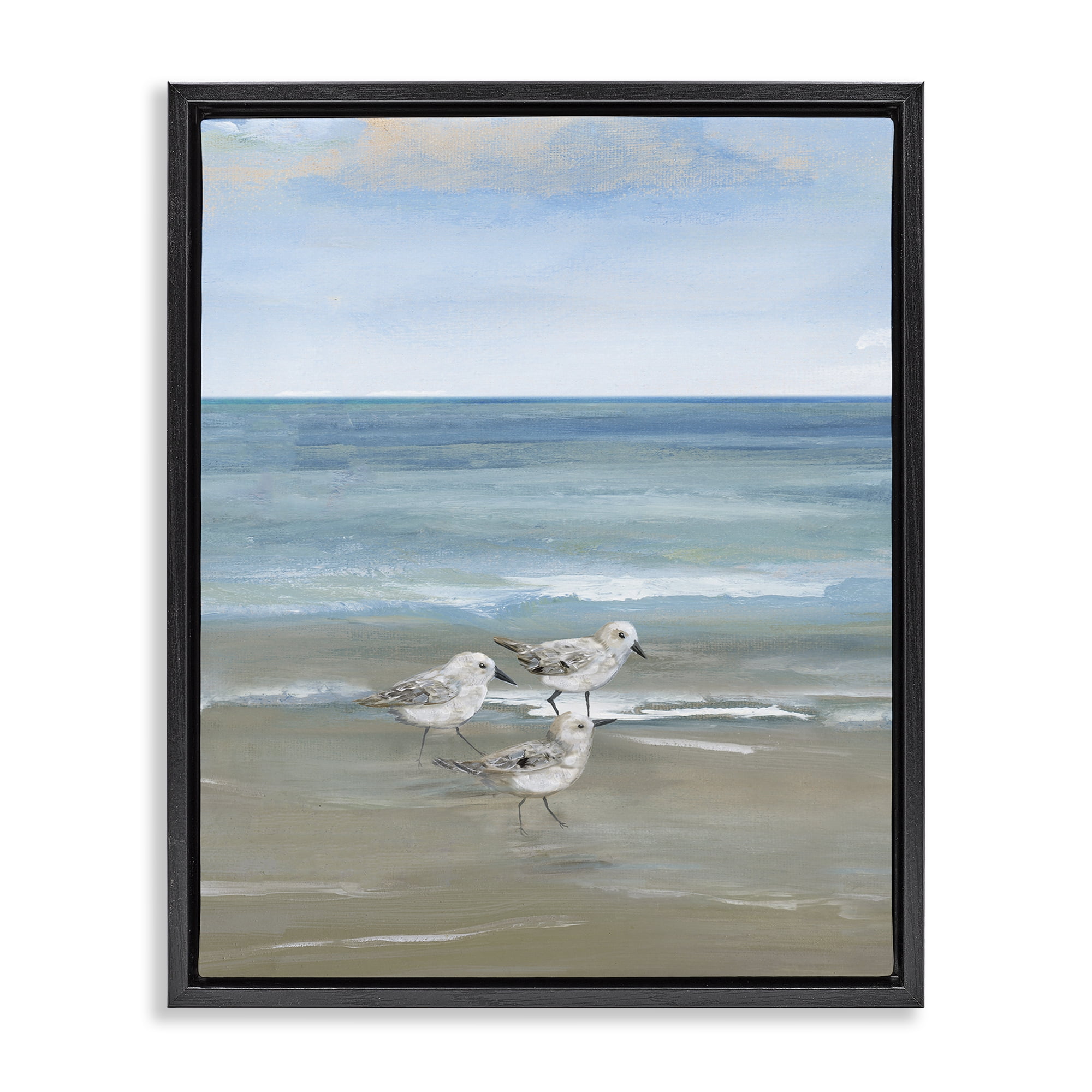 Stupell Industries Three Shorebirds & Gentle Waves Black Framed Floater Canvas Wall Art, design by Nan