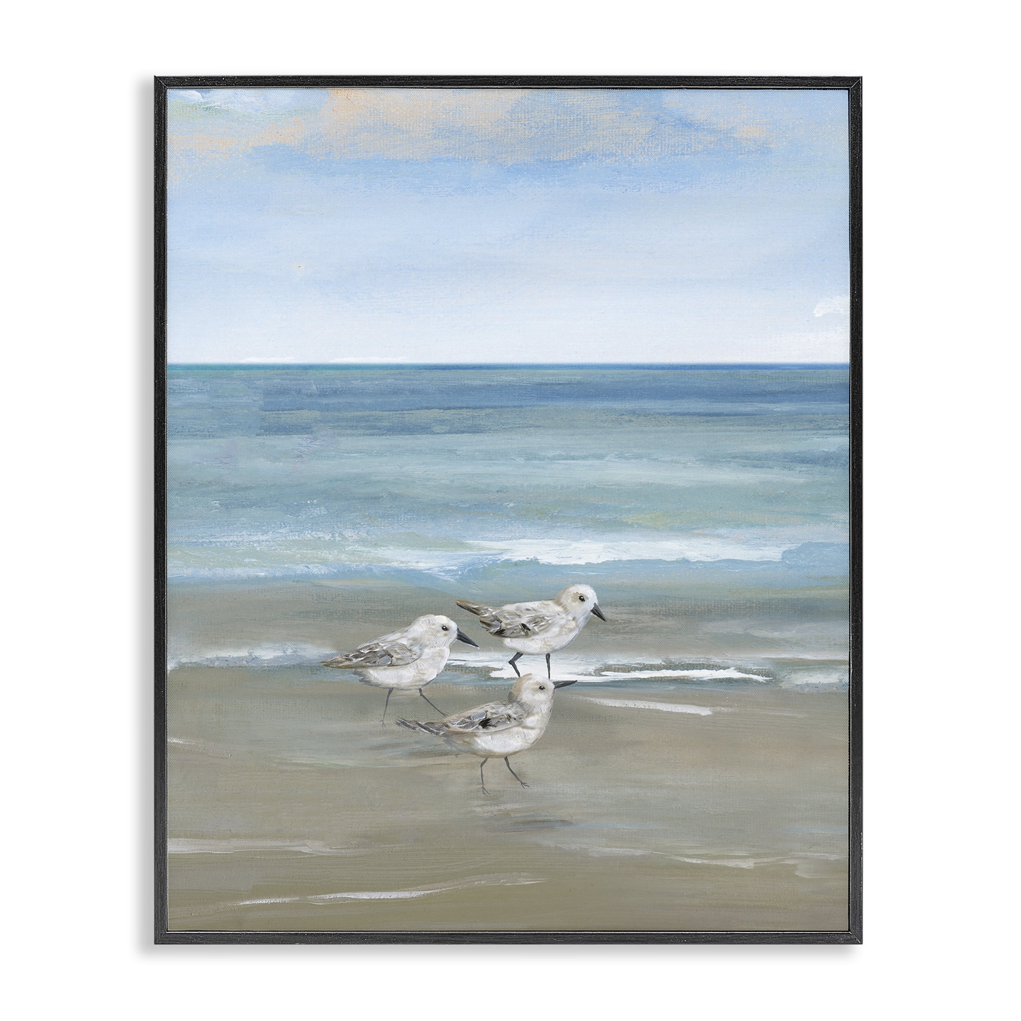 Stupell Industries Three Shorebirds & Gentle Waves Black Framed Giclee Art, design by Nan