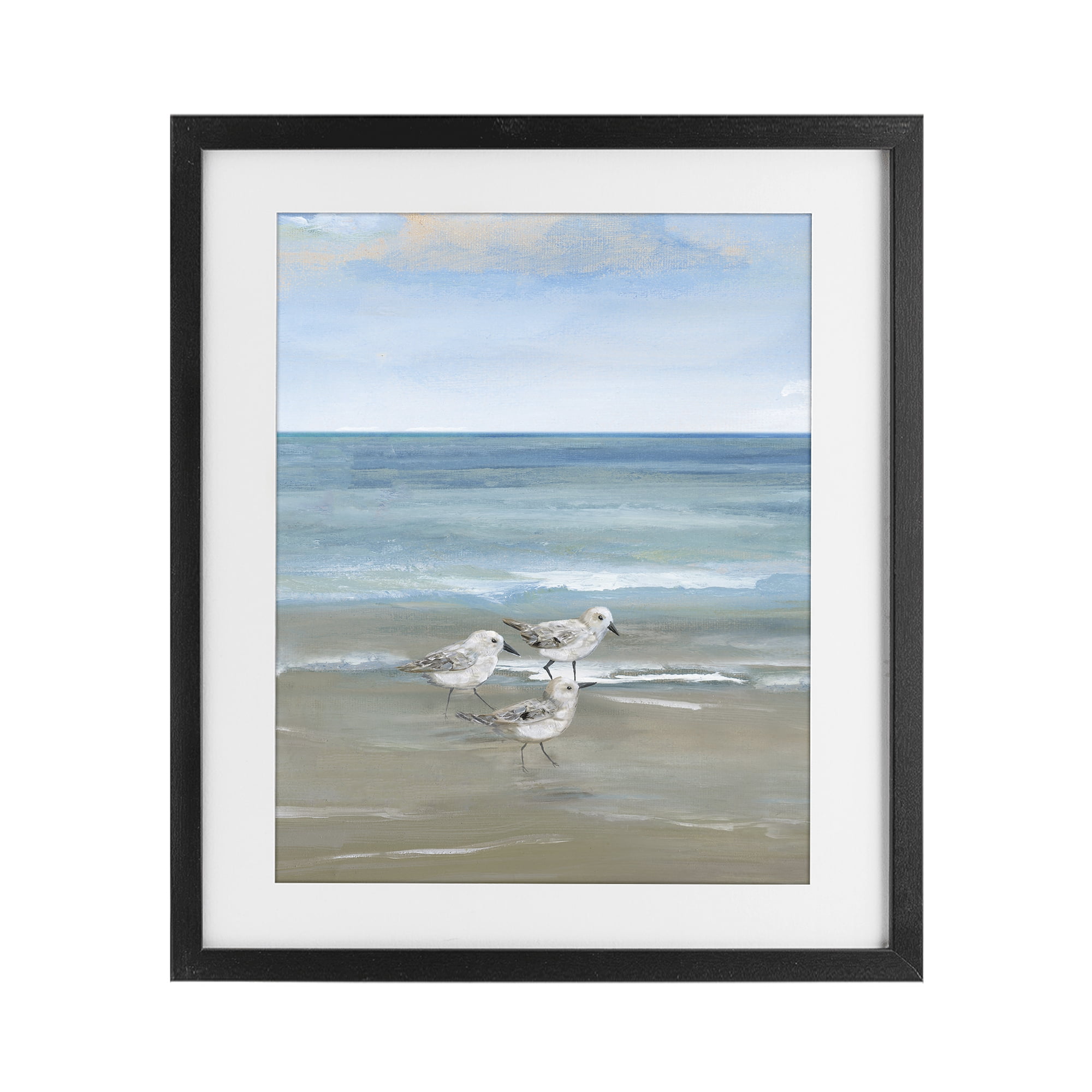 Stupell Industries Three Shorebirds & Gentle Waves Black Framed Print Under Glass, design by Nan
