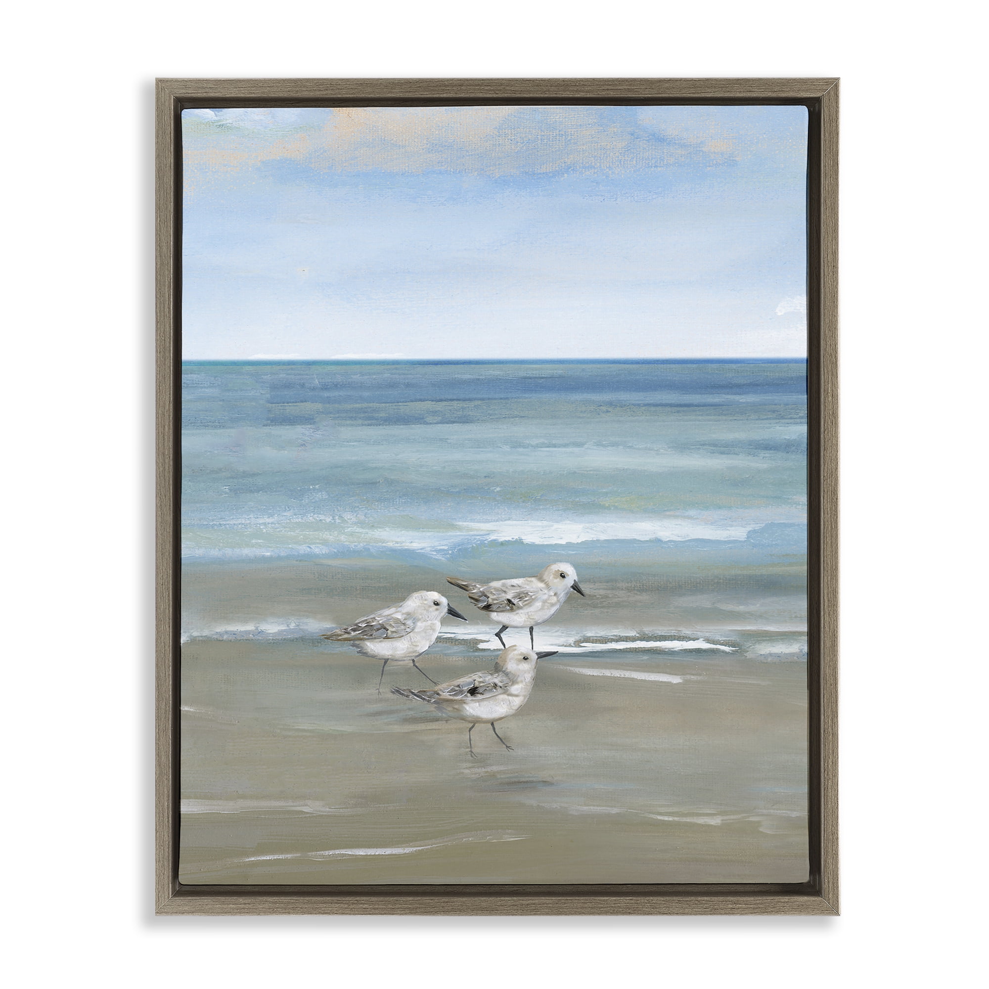 Stupell Industries Three Shorebirds & Gentle Waves Brown Framed Floater Canvas Wall Art, design by Nan