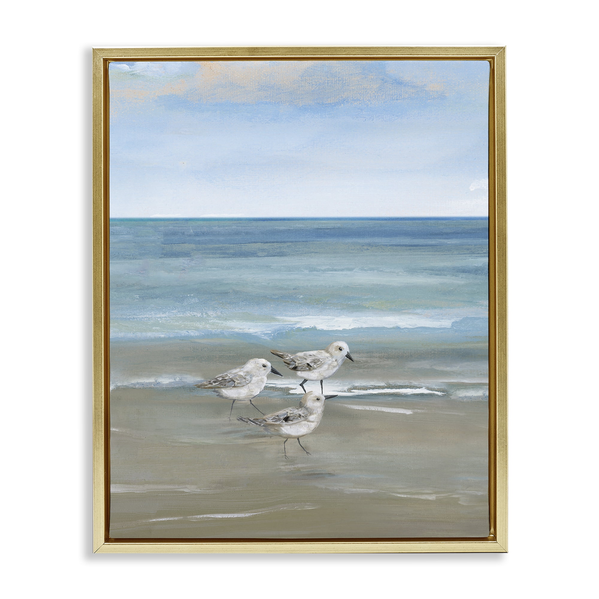 Stupell Industries Three Shorebirds & Gentle Waves Gold Framed Floater Canvas Wall Art, design by Nan