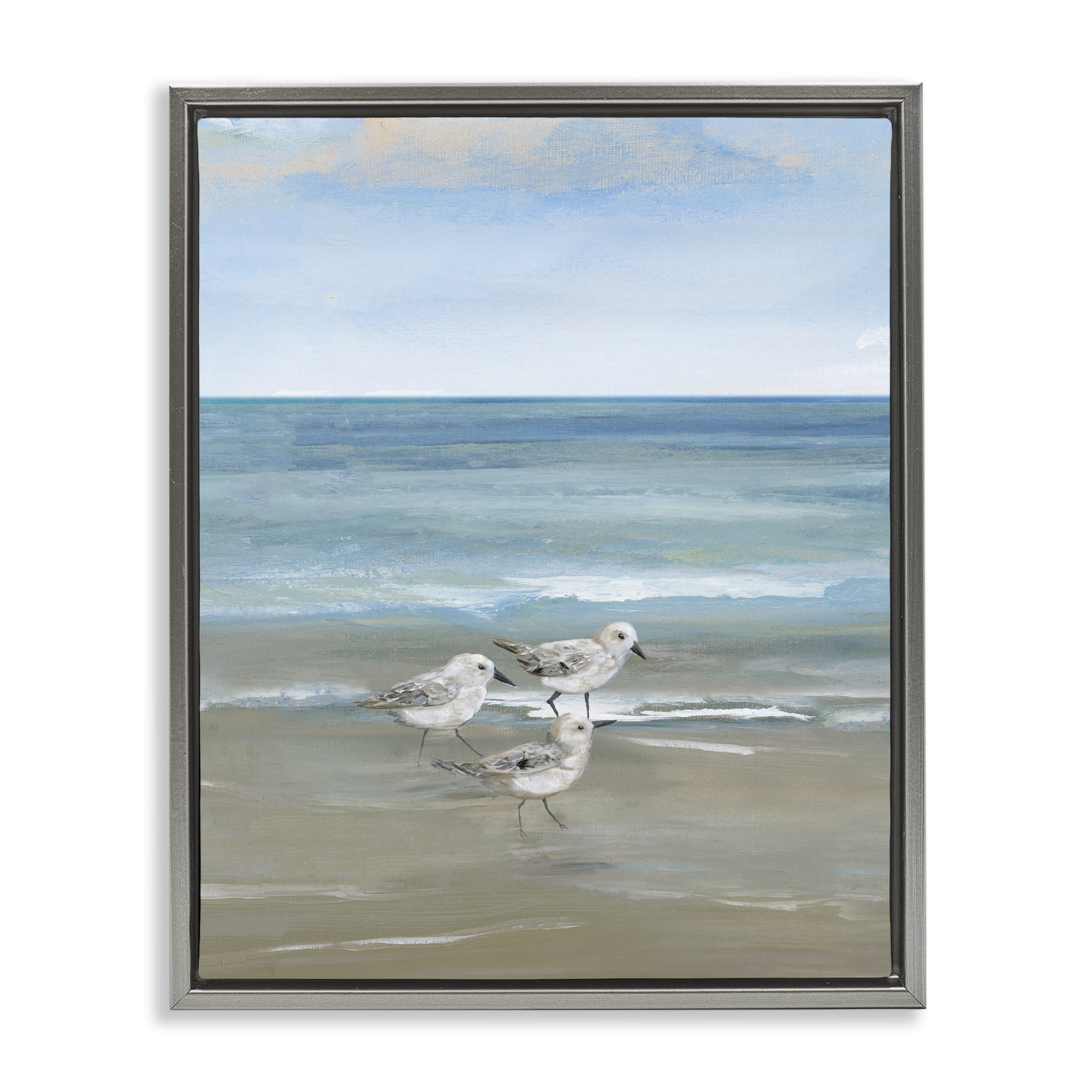Stupell Industries Three Shorebirds & Gentle Waves Gray Framed Floater Canvas Wall Art, design by Nan