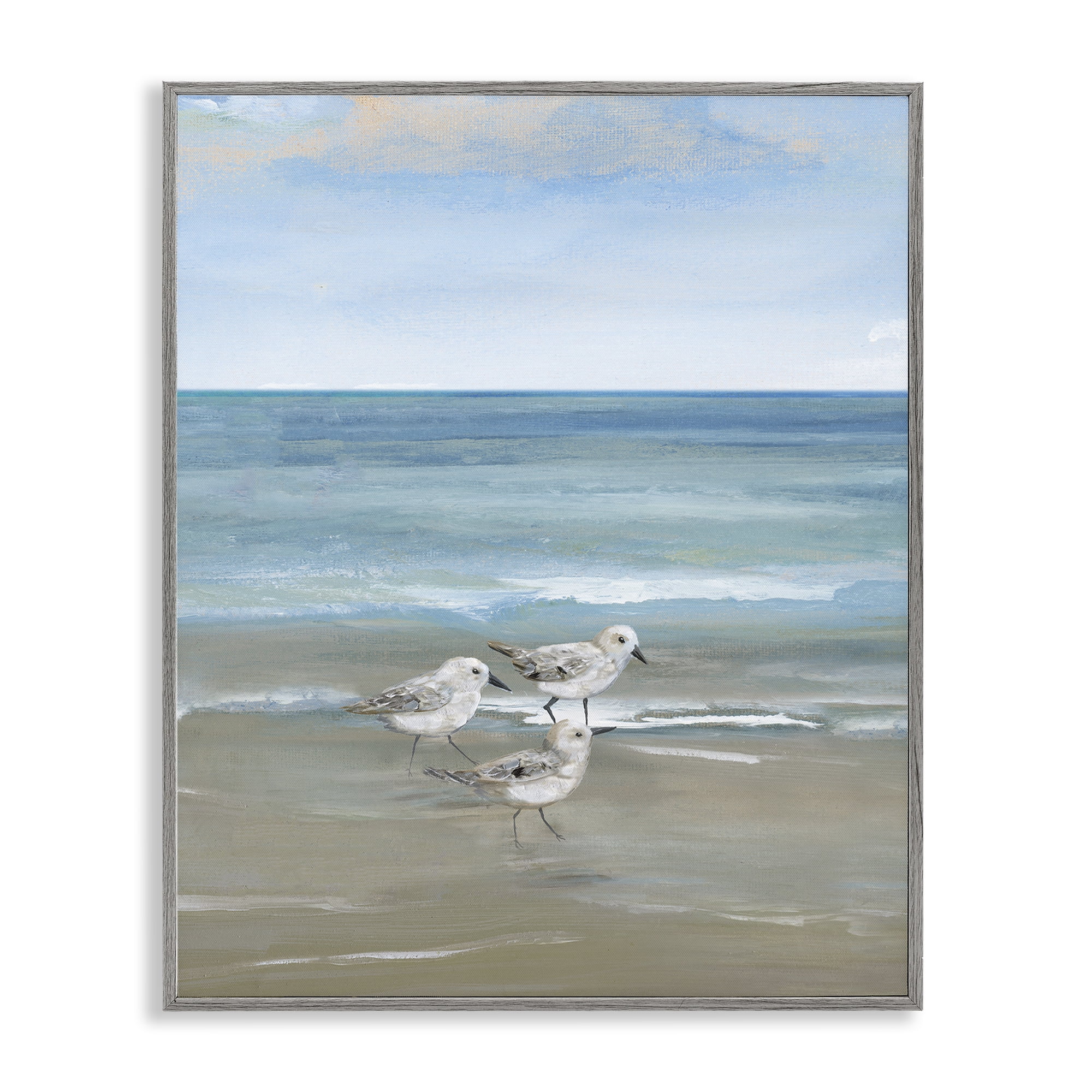 Stupell Industries Three Shorebirds & Gentle Waves Gray Framed Giclee Art, design by Nan