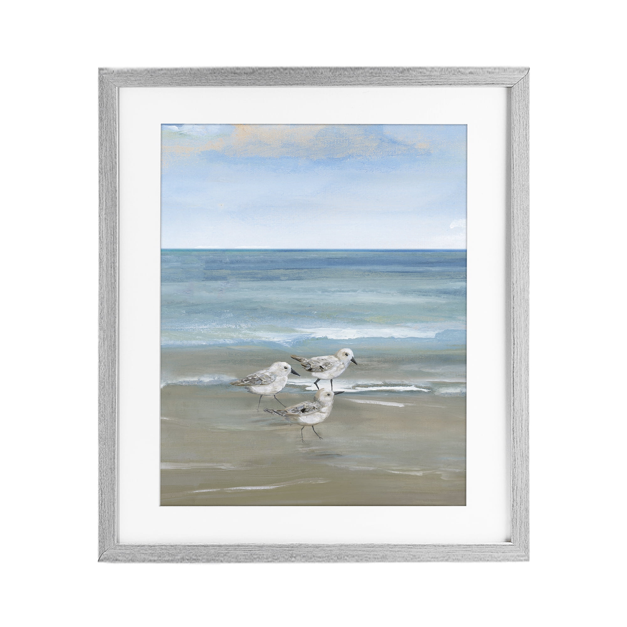 Stupell Industries Three Shorebirds & Gentle Waves Gray Framed Print Under Glass, design by Nan