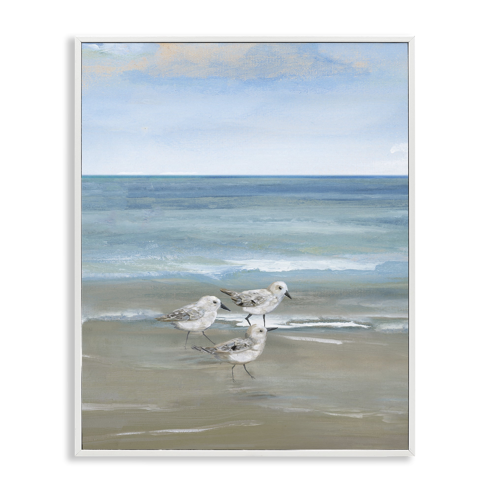 Stupell Industries Three Shorebirds & Gentle Waves White Framed Giclee Art, design by Nan