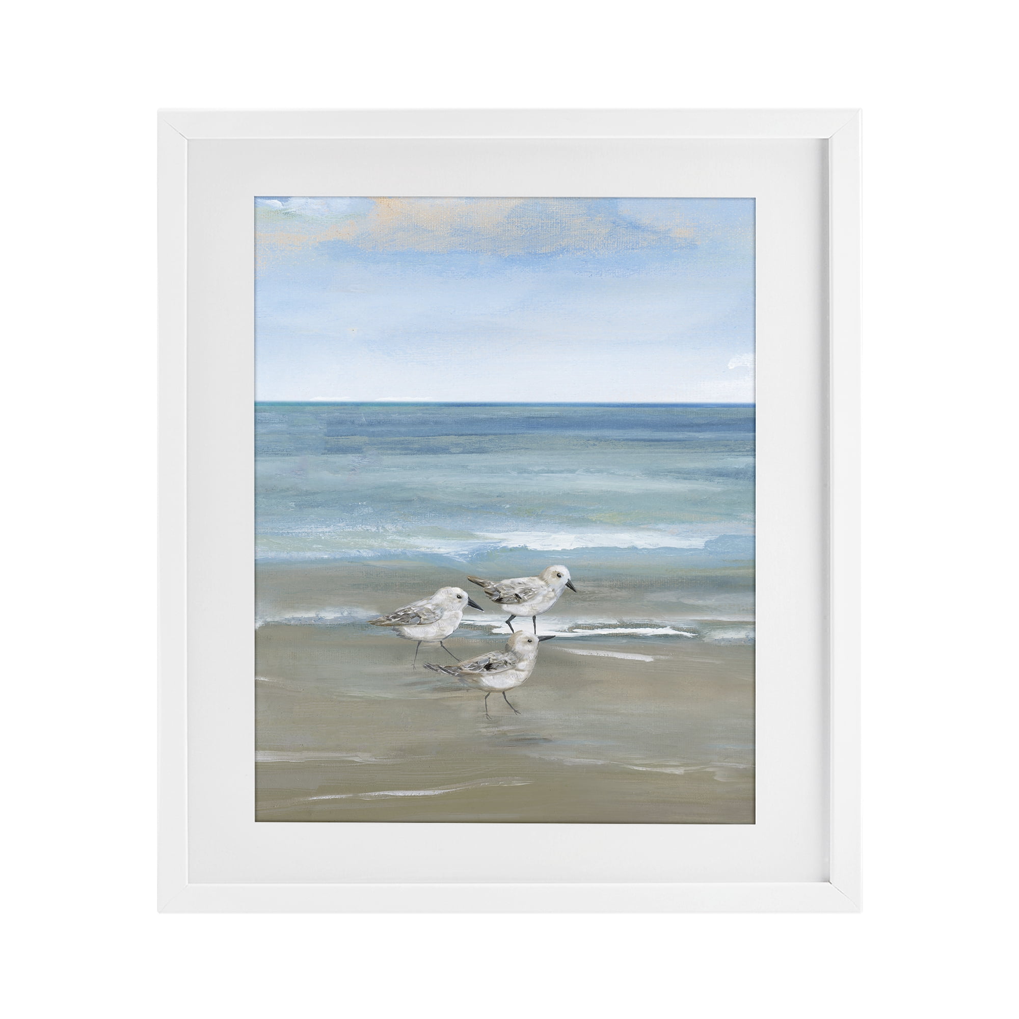 Stupell Industries Three Shorebirds & Gentle Waves White Framed Print Under Glass, design by Nan