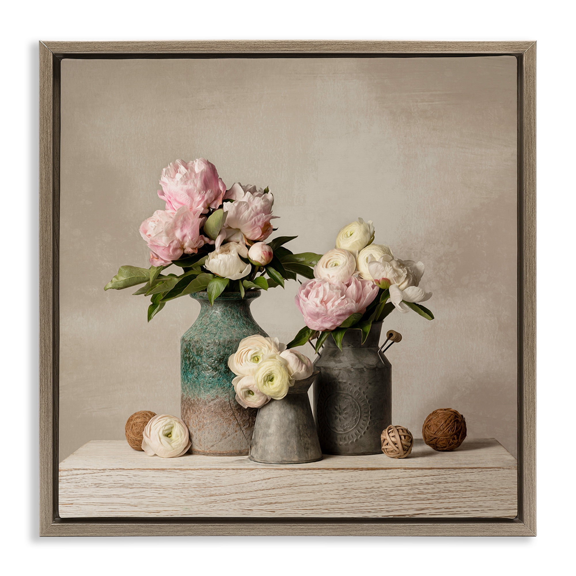 Stupell Industries Three Spring Blooms Plants & Flowers Painting Brown Floater Framed Canvas Art Print Wall Art, 18 x 18