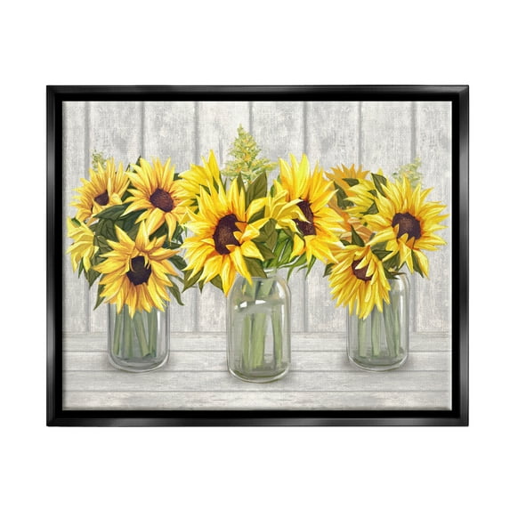 Stupell Industries Three Sunflower Bouquets Country Planks Still Life Graphic Art Jet Black Floating Framed Canvas Print Wall Art, Design by Ziwei Li