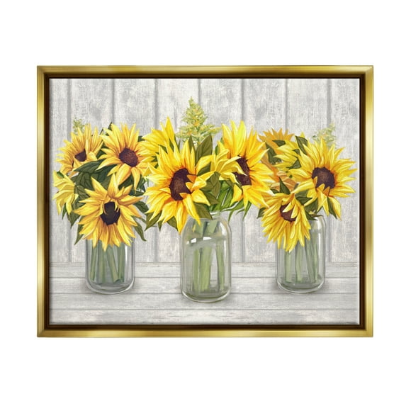 Stupell Industries Three Sunflower Bouquets Country Planks Still Life Graphic Art Metallic Gold Floating Framed Canvas Print Wall Art, Design by Ziwei Li