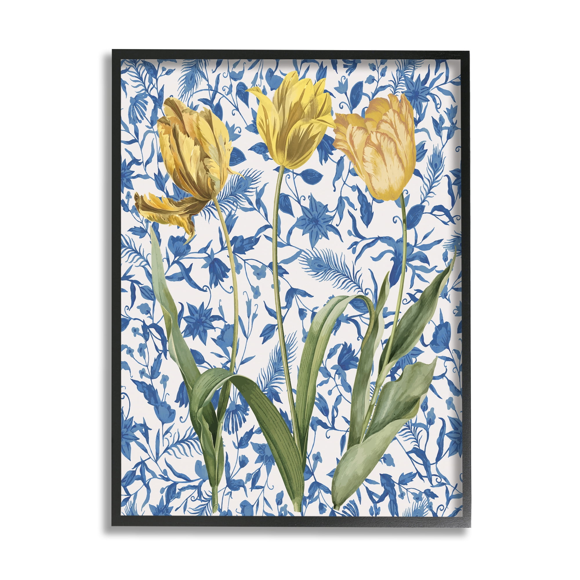 Stupell Industries Three Tulips on Toile Botanical & Floral Painting Black Framed Art Print Wall Art, 24 x 30