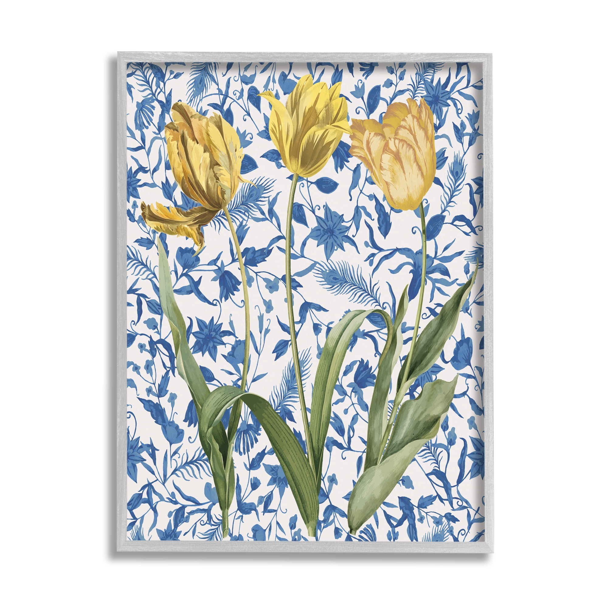 Stupell Industries Three Tulips on Toile Botanical & Floral Painting Gray Framed Art Print Wall Art, 24 x 30